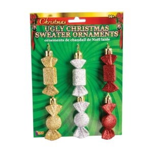 Ugly Christmas Sweater Add On Ornaments - Red. Silver and Gold