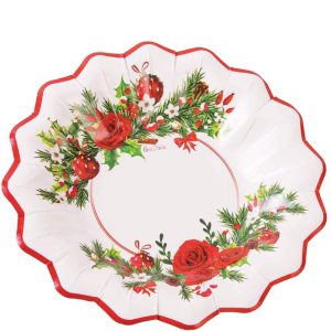 Christmas Floral 9 Shaped Paper Bowls. 8ct – Red Roses. Holly & Ornaments
