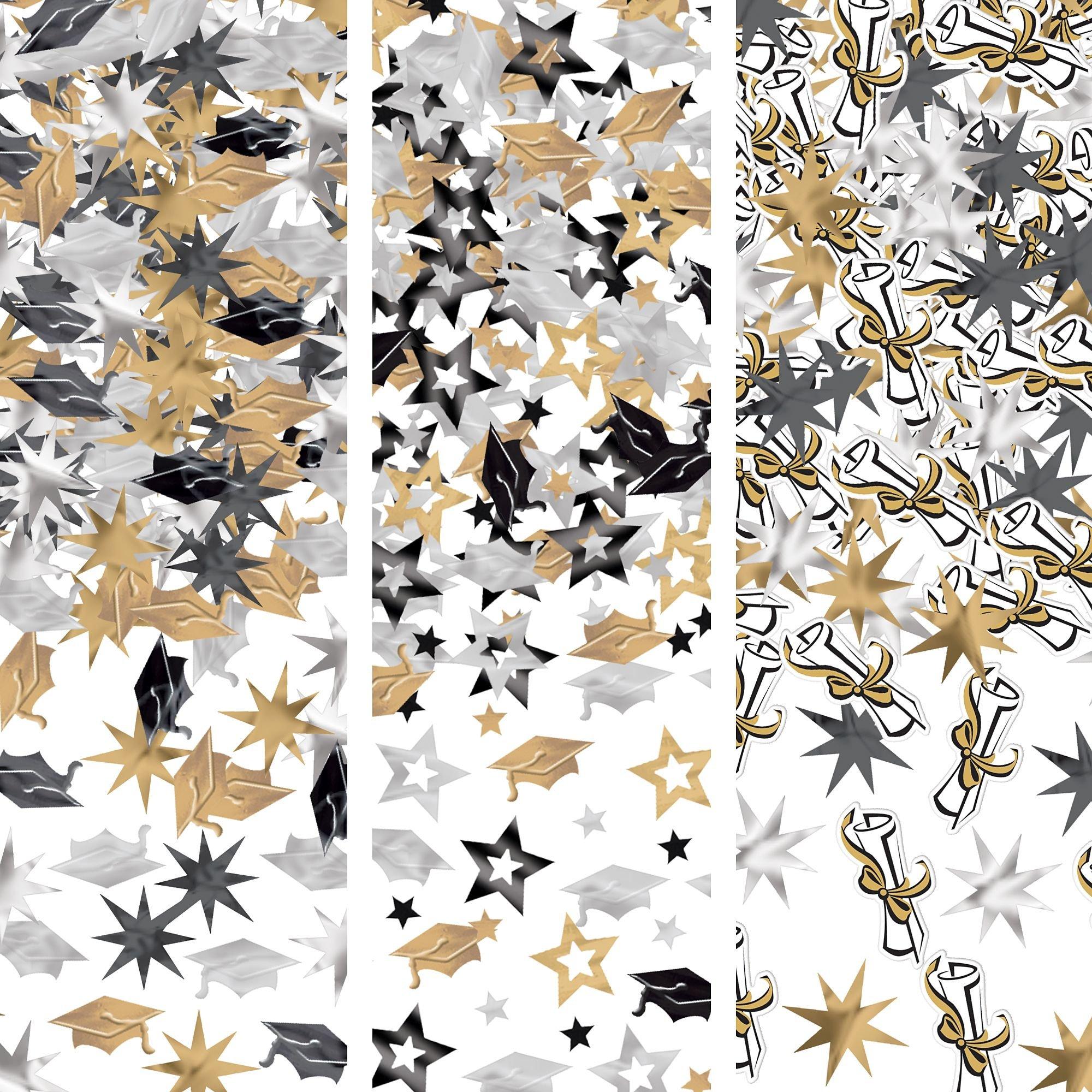 Graduation Confetti Pack. Black Gold & Silver. Foil & Paper. 3ct