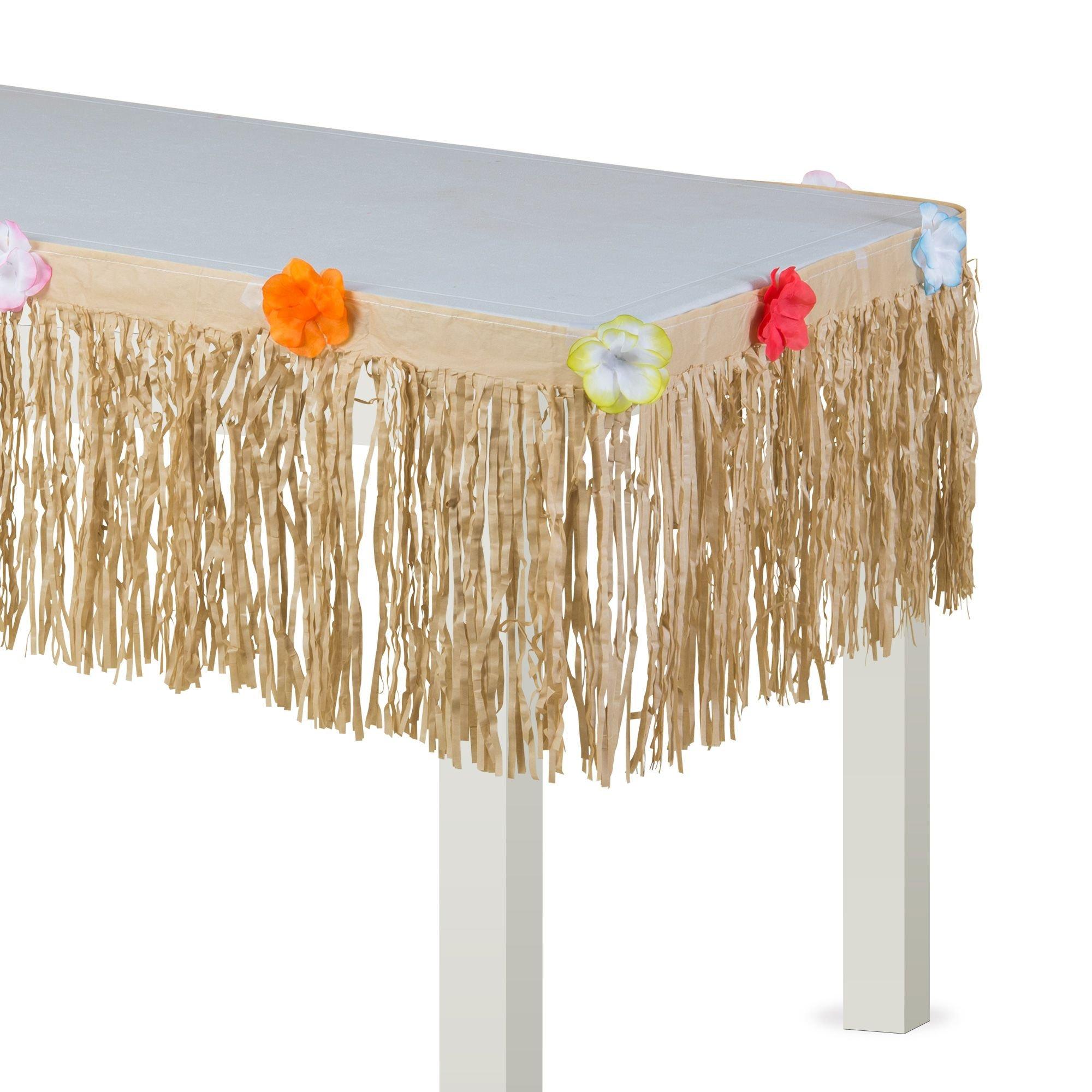 Tan Faux Grass Tissue Paper Fringe Table Skirt with Multicolor Fabric Flowers. 9ft x 15in