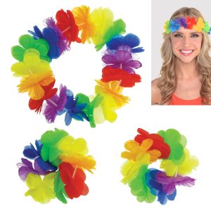 Hawaiian Rainbow Head & Wrist Lei Set 3pc