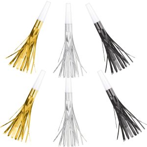 Metallic Black. Gold & Silver Fringe Party Horns 8ct