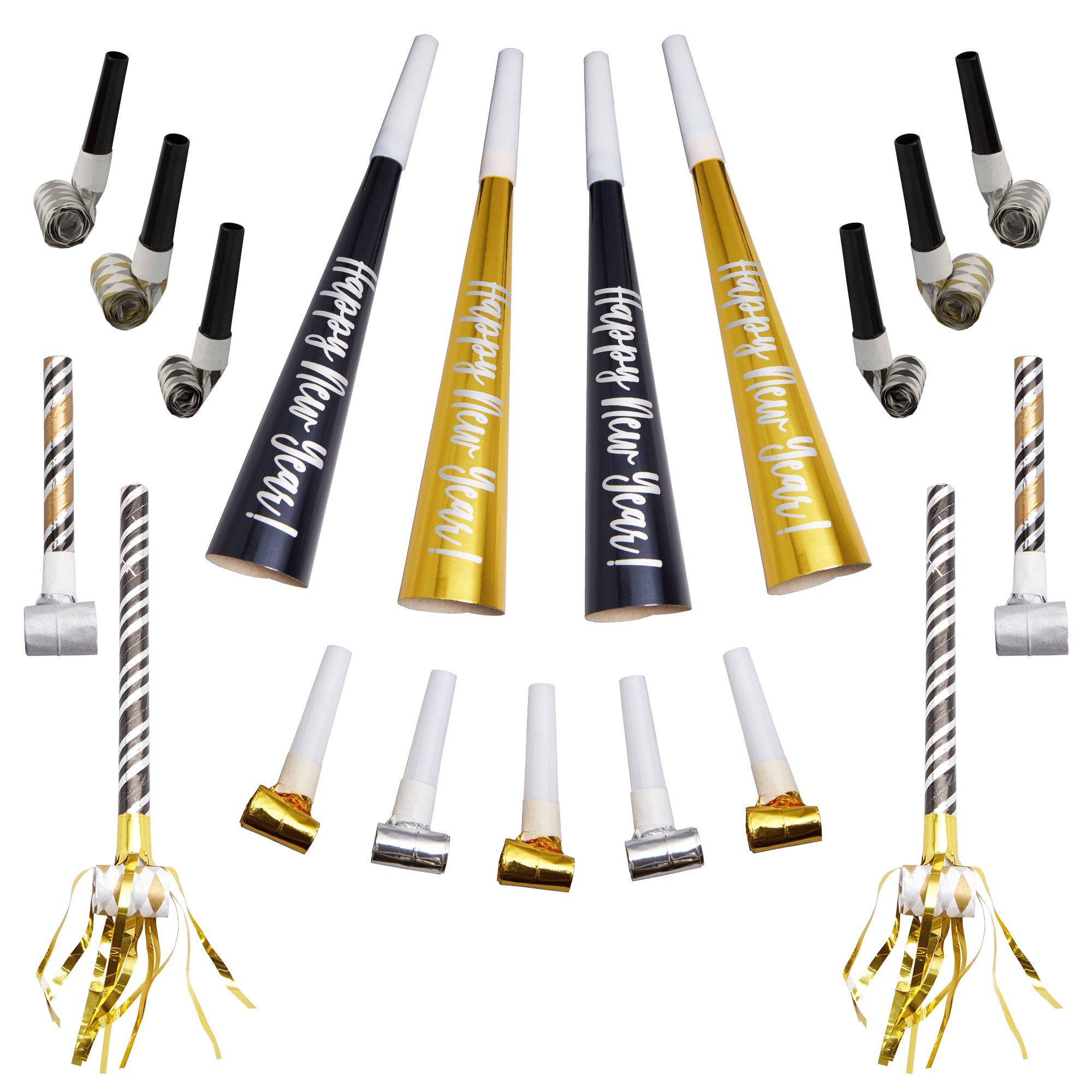 Black. Gold & Silver New Year's Eve Party Horns & Blowouts 50pc