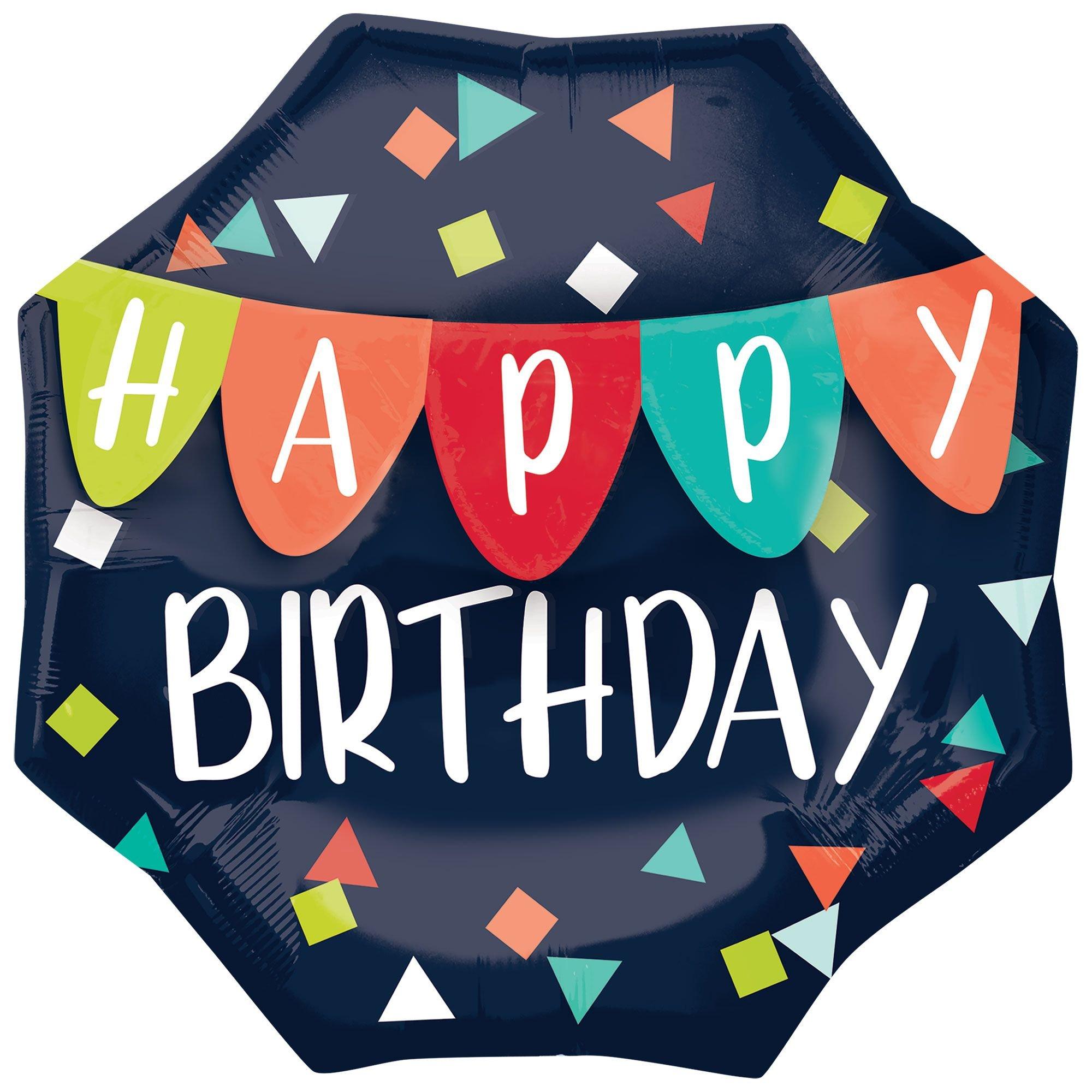 Navy Confetti Happy Birthday Foil Balloon with Banner. 22in