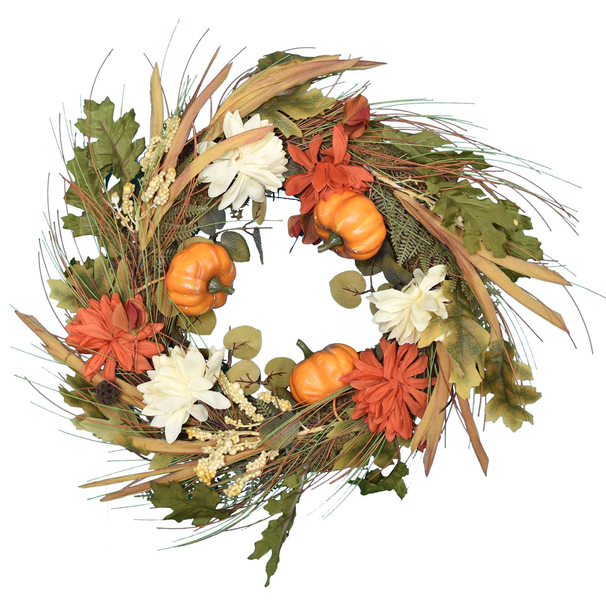 Natural Grass Fall Wreath with Foam Pumpkins & Mums. 18in