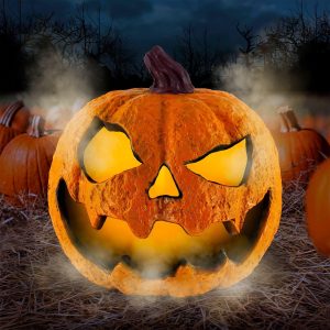 Light-Up Misting Jack-o'-Lantern Plastic Decoration. 8.75in x 9in