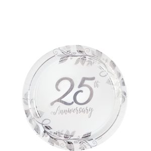 Metallic Silver 25th Anniversary Paper Dessert Plates. 7in. 8ct