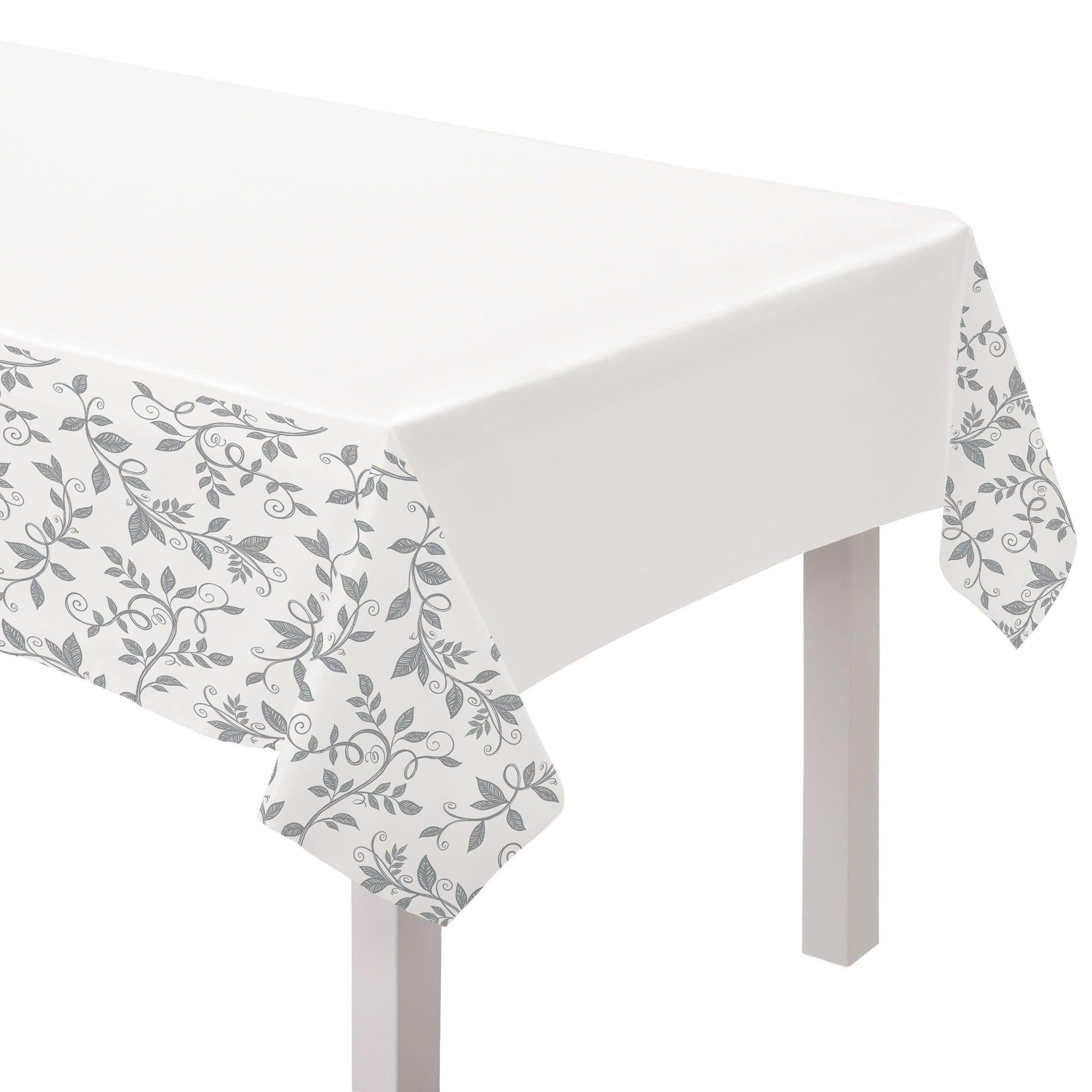 Silver & White 25th Anniversary Plastic Table Cover. 54in x 102in