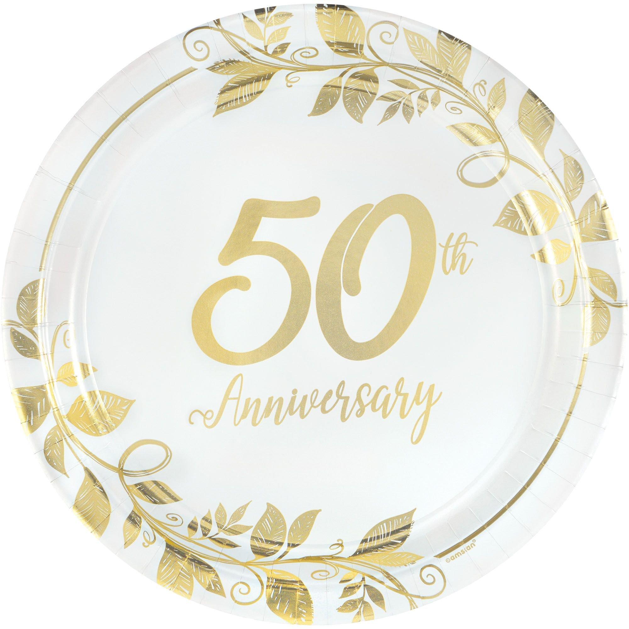 Metallic Gold Happy 50th Anniversary Paper Dinner Plates. 10.5in. 8ct