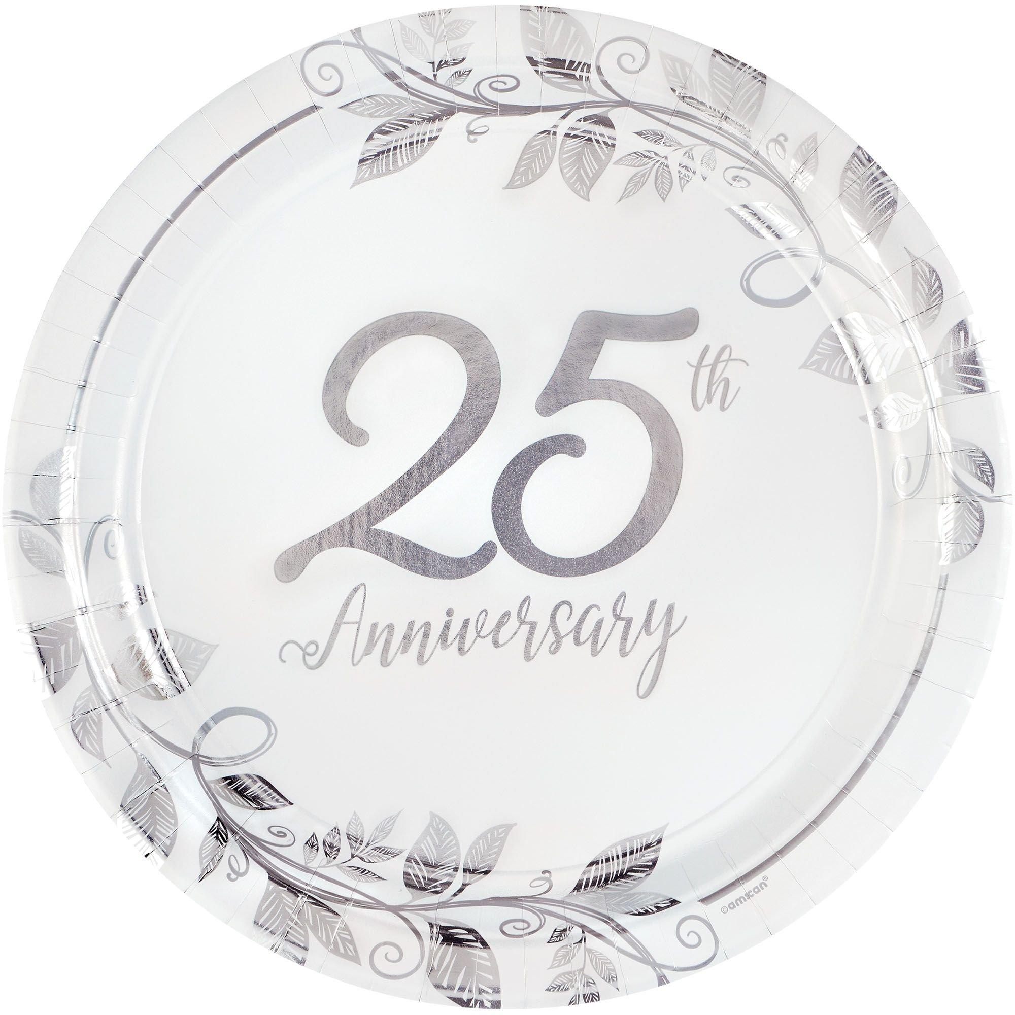 Metallic Silver Happy 25th Anniversary Paper Dinner Plates. 10.5in. 8ct