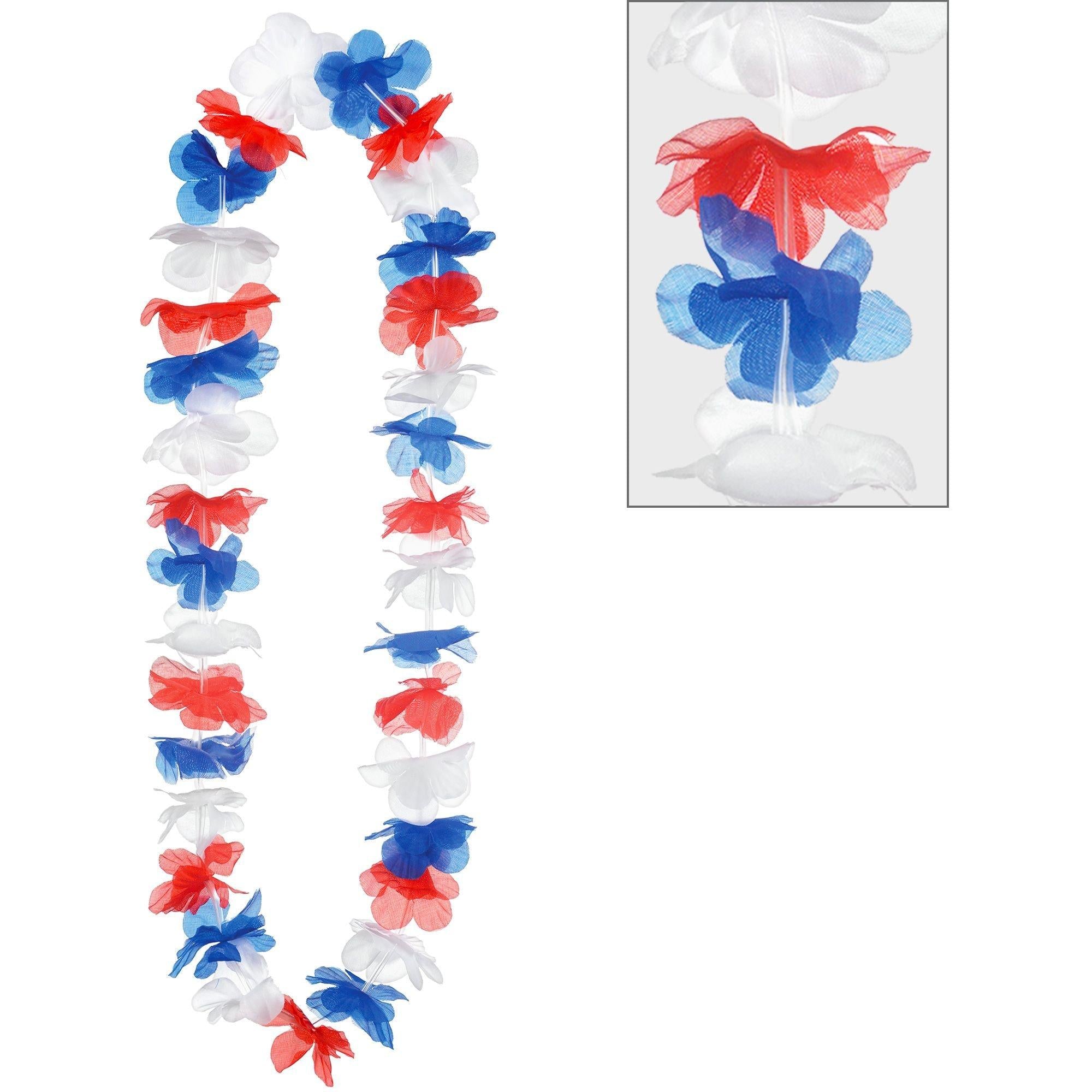 Red. White & Blue Fabric Flower Leis. 40in. 6ct