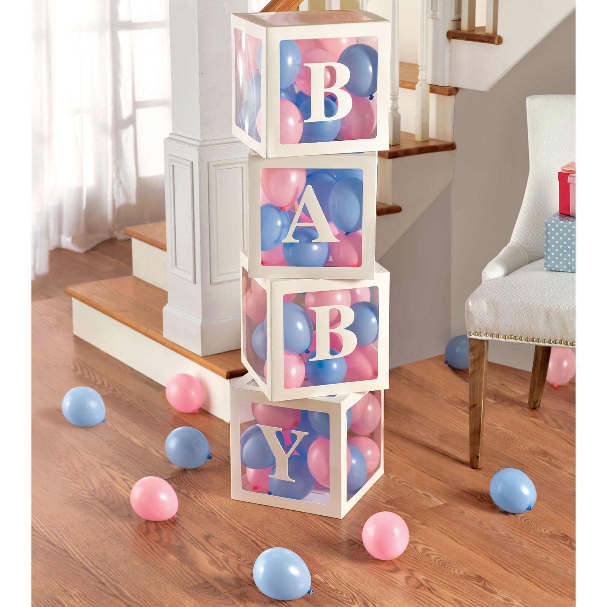 White Pop-Up Baby Block Decorations with Blue & Pink Mini Latex Balloons. 11.75in
