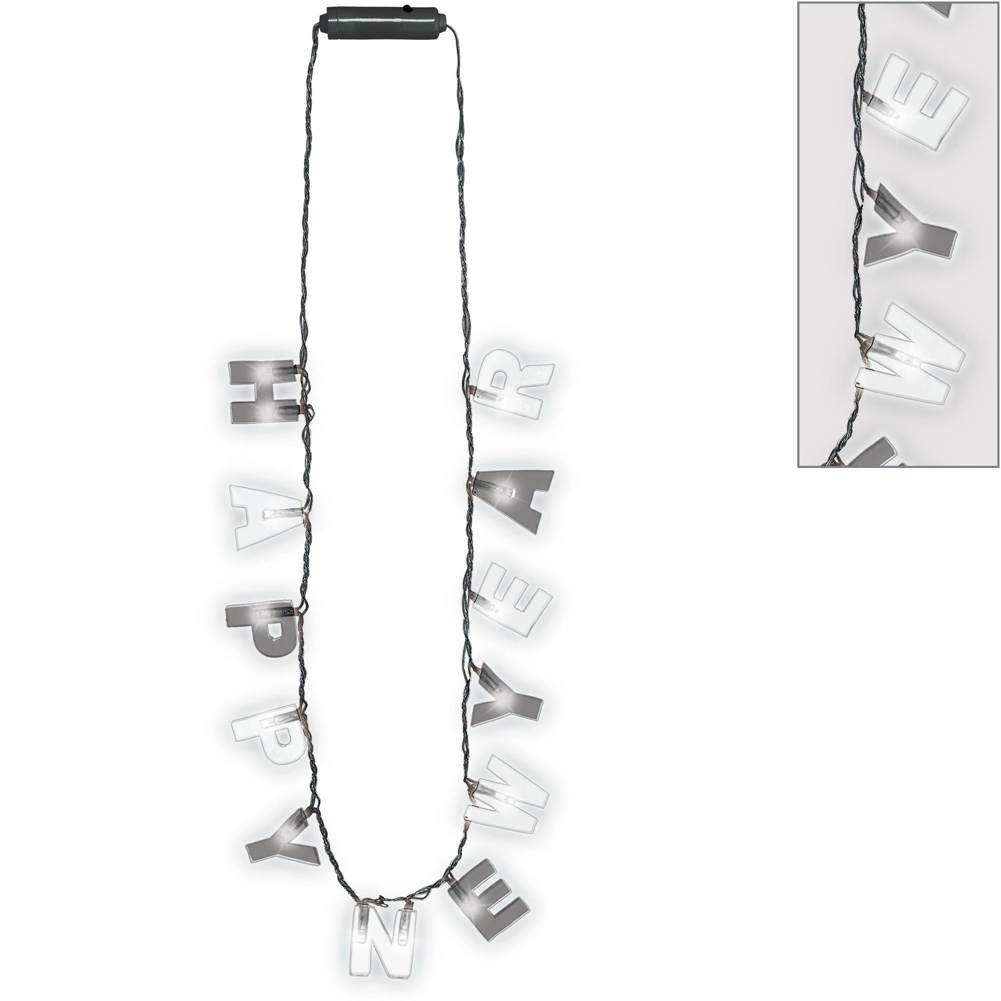 Light-Up Black & Clear Happy New Year Necklace. 36in