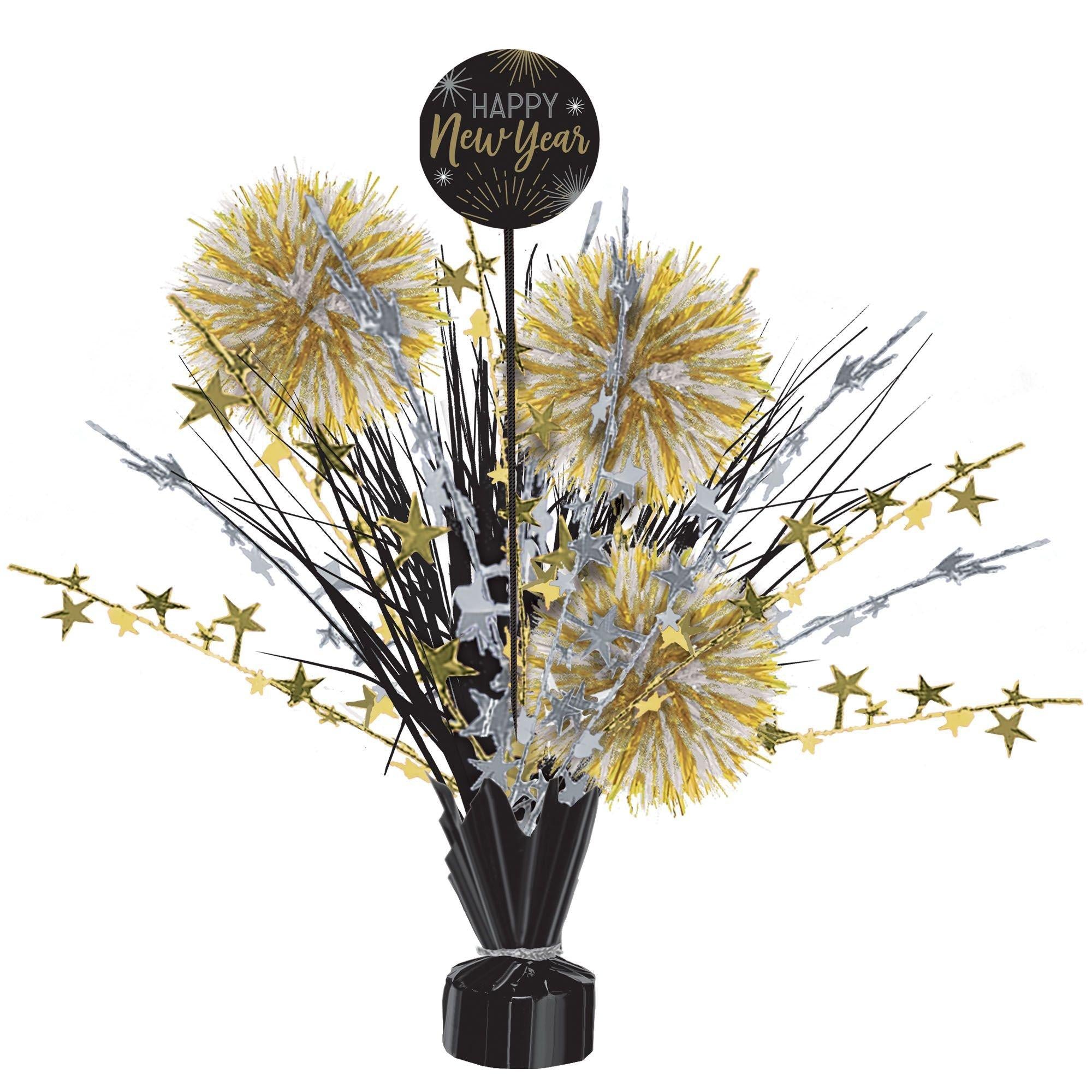 Black. Gold & Silver New Year's Pom-Pom Foil & Plastic Spray Centerpiece. 18in