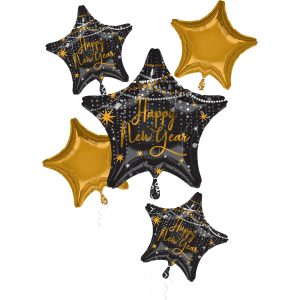 Midnight Hour Happy New Year Star Foil Balloon Bouquet. 5pc
