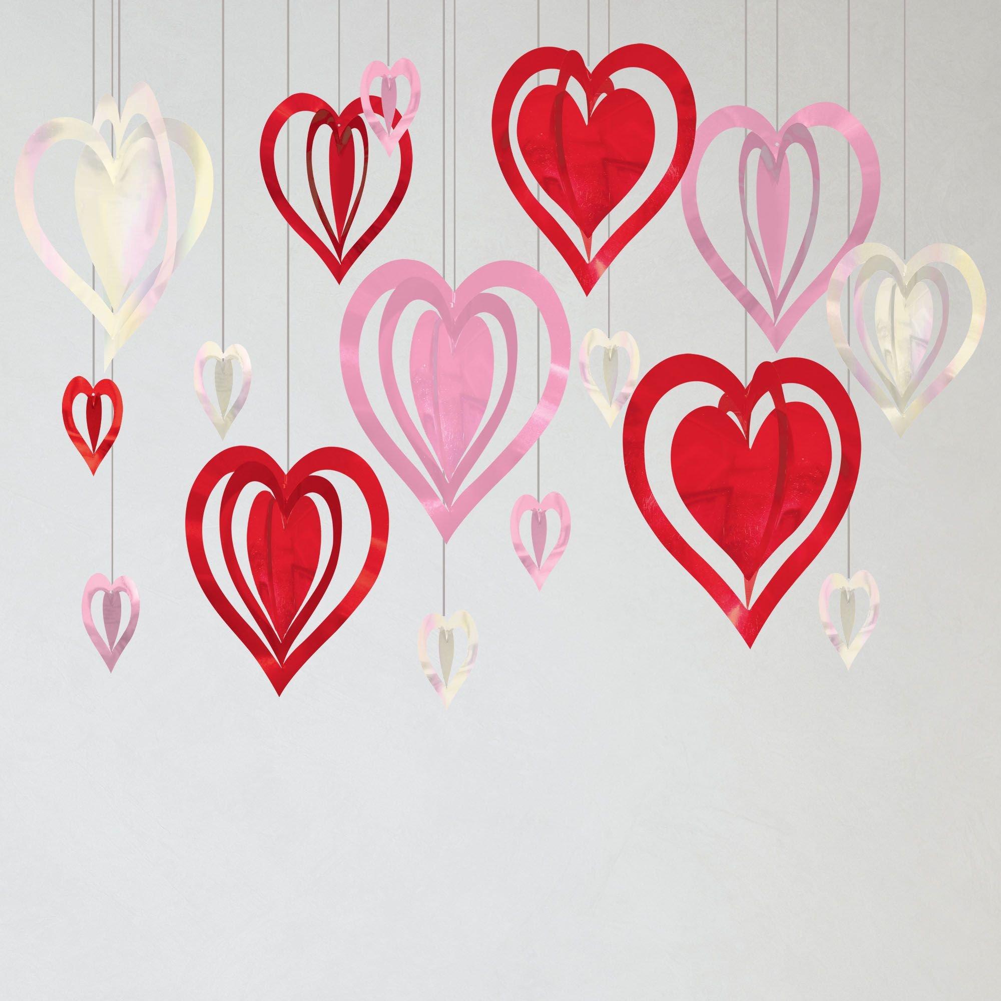 Pink. Red & Iridescent 3D Heart Foil & Plastic Hanging Decorations. 16ct