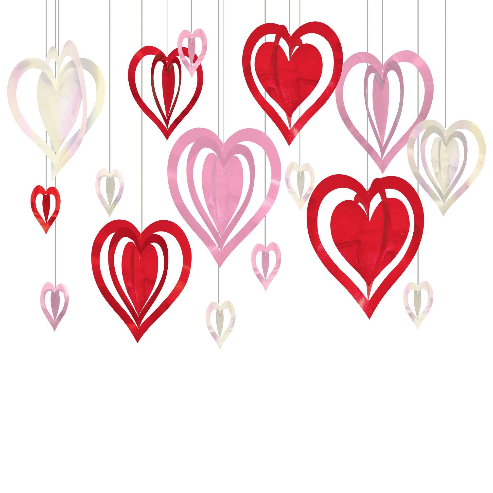 Pink. Red & Iridescent 3D Heart Foil & Plastic Hanging Decorations. 16ct - Image 2