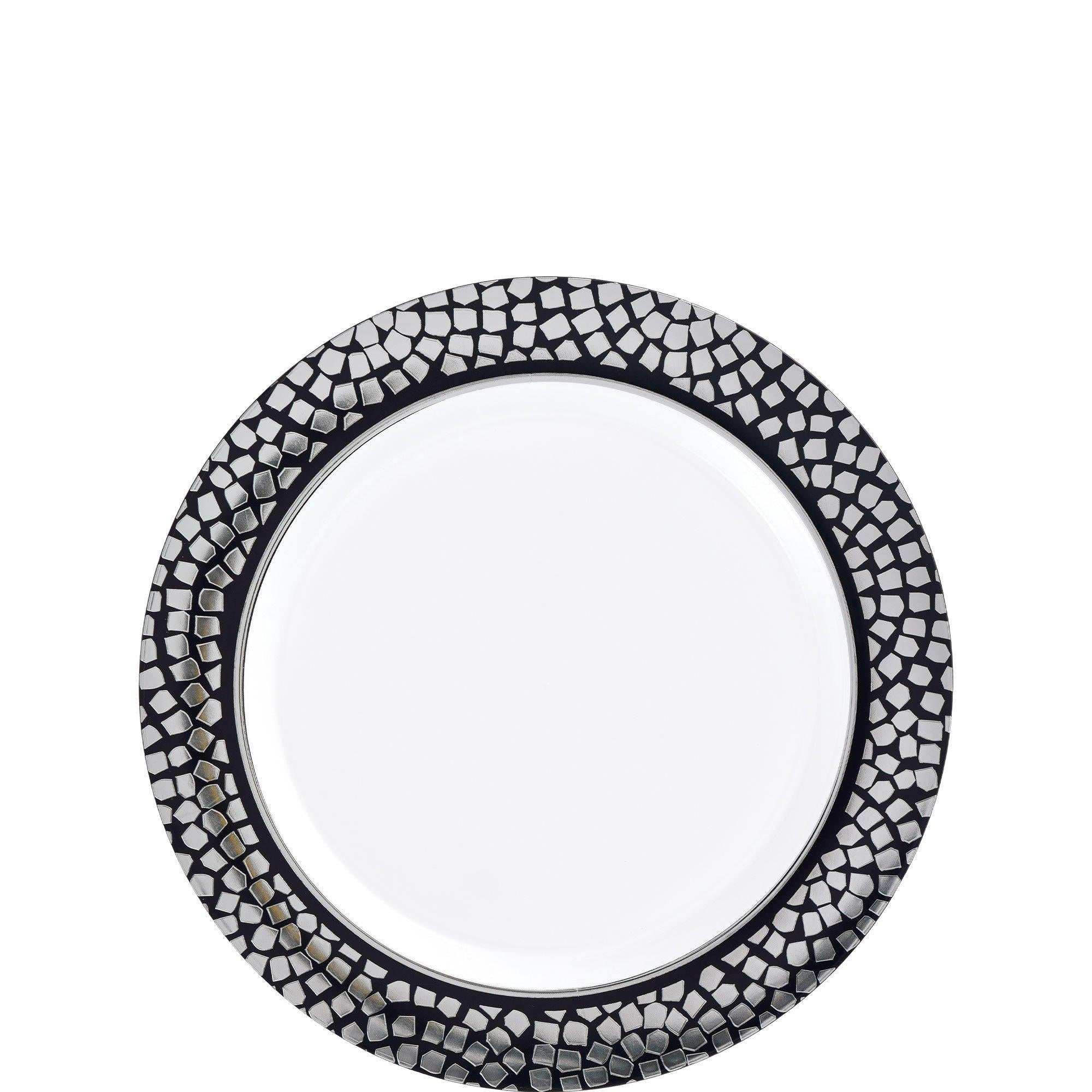 White With Silver Mosaic Rim Premium Plastic Dessert Plates. 7.5in. 20ct
