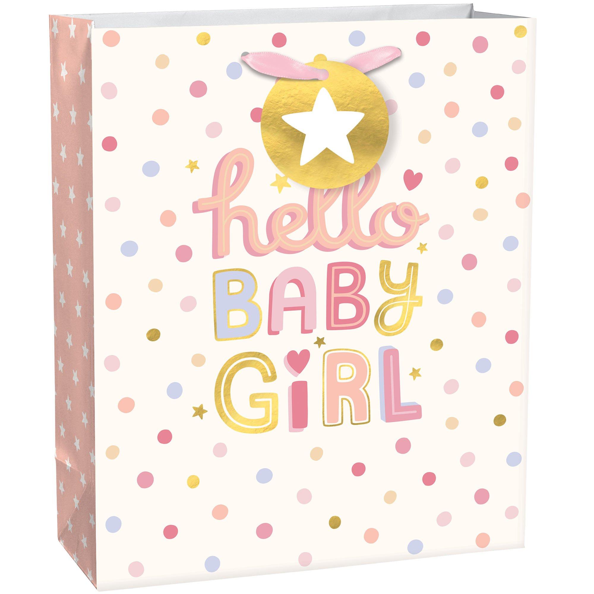 Medium Hello Baby Girl Paper Gift Bag. 10.5in x 13in