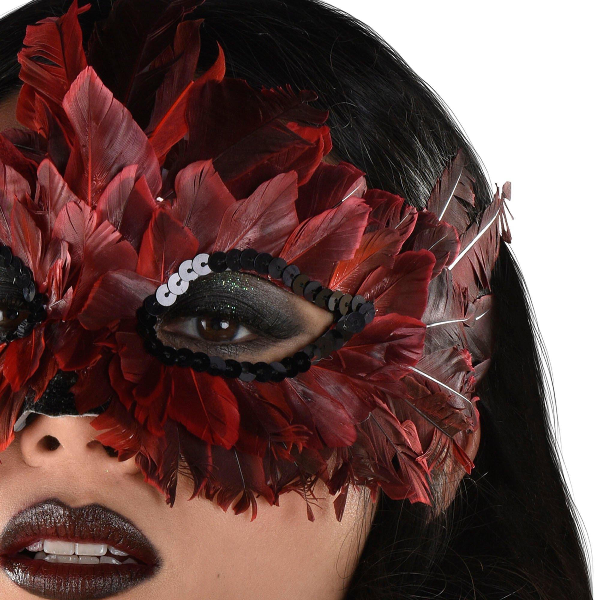Adult Red & Black Ombre Feather Masquerade Mask - Image 2
