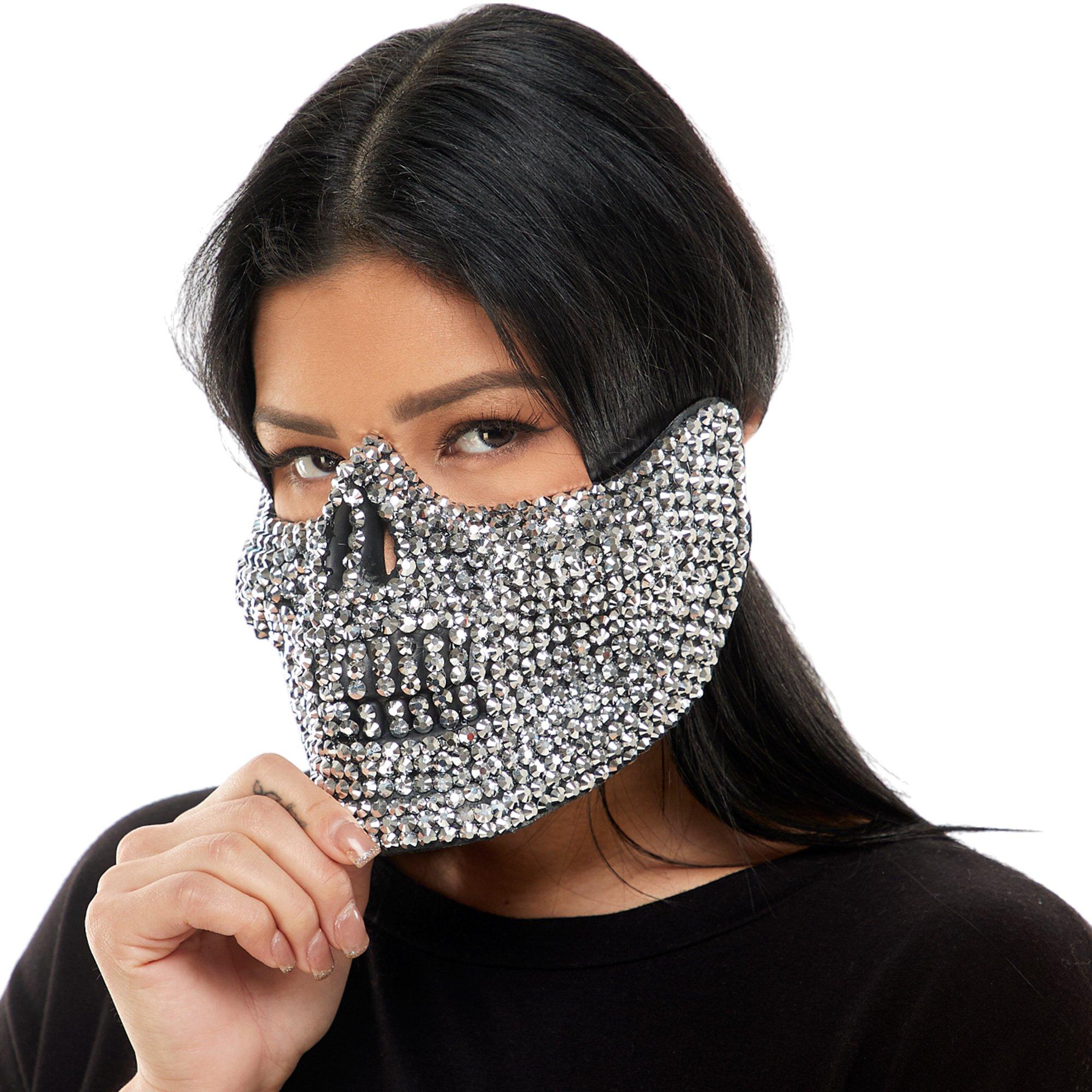 Adult Silver Rhinestone Skull Half Mask - Image 2