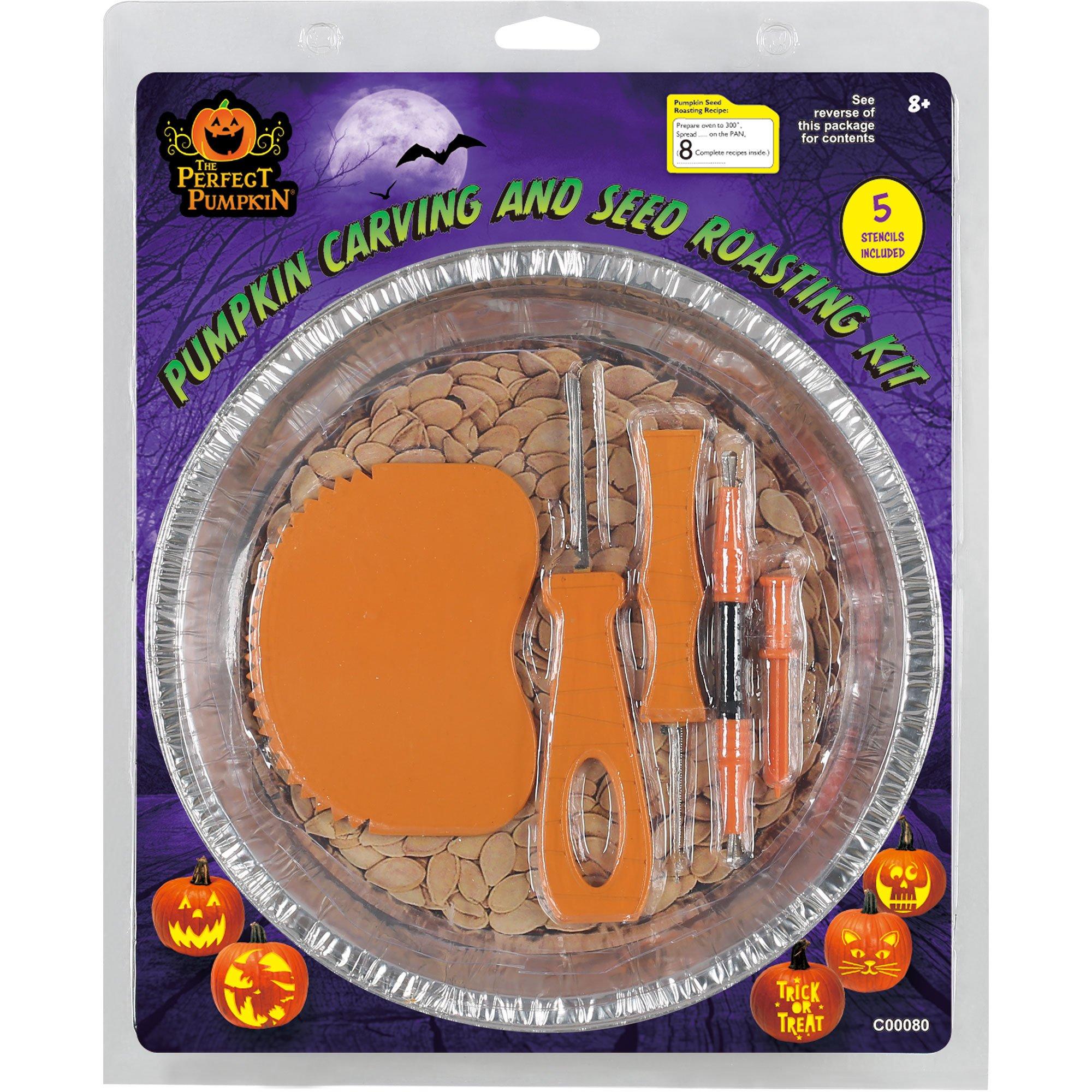 Pumpkin Carving & Seed Roasting Kit. 6pc. with 5 Stencils & 8 Recipes