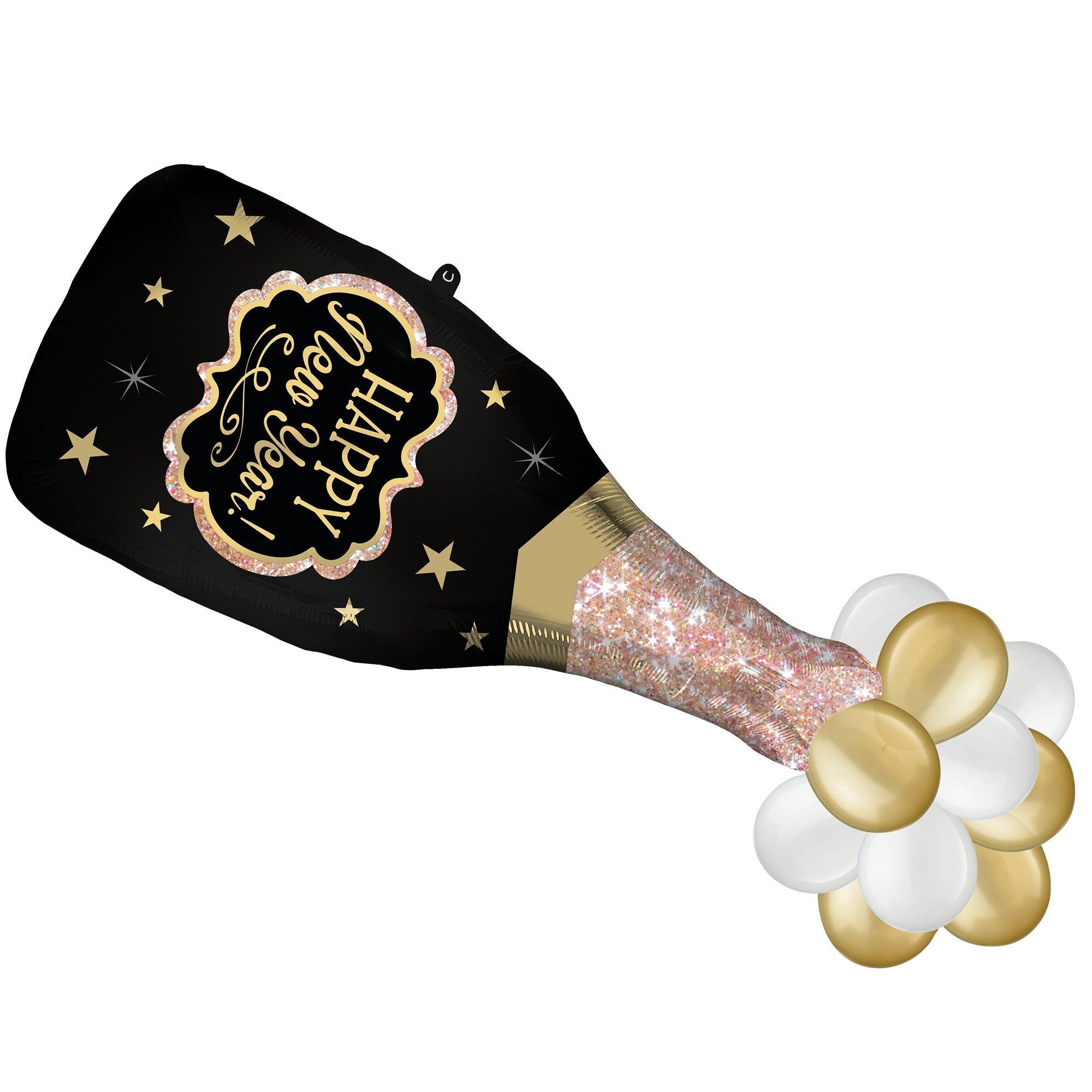 Happy New Year Bottle-Shaped Foil Balloon with Latex Bubbles. 16in x 47in - New Year Bubbly