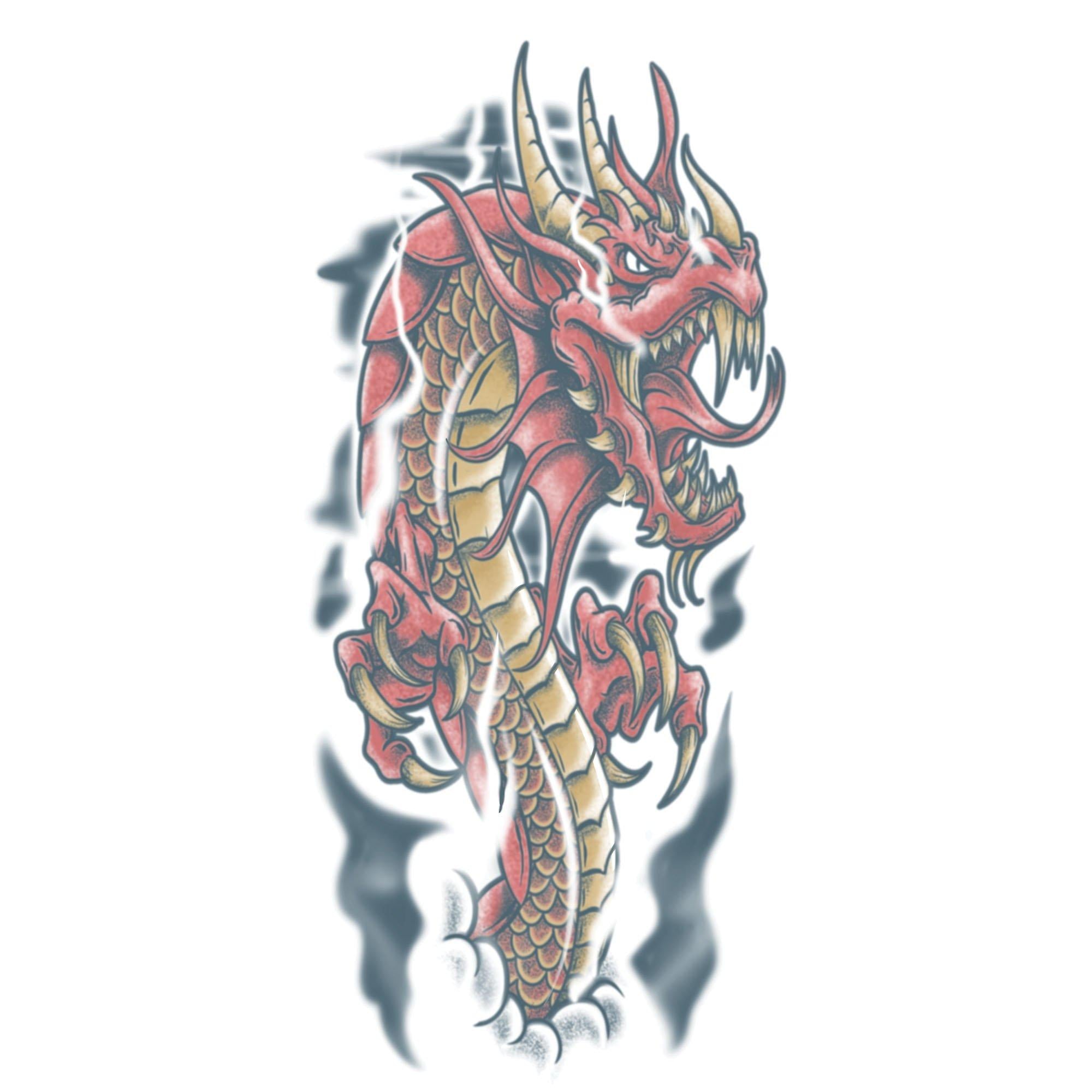 Japanese-Style Red Dragon Temporary Tattoo Sleeve. 3pc - Image 2