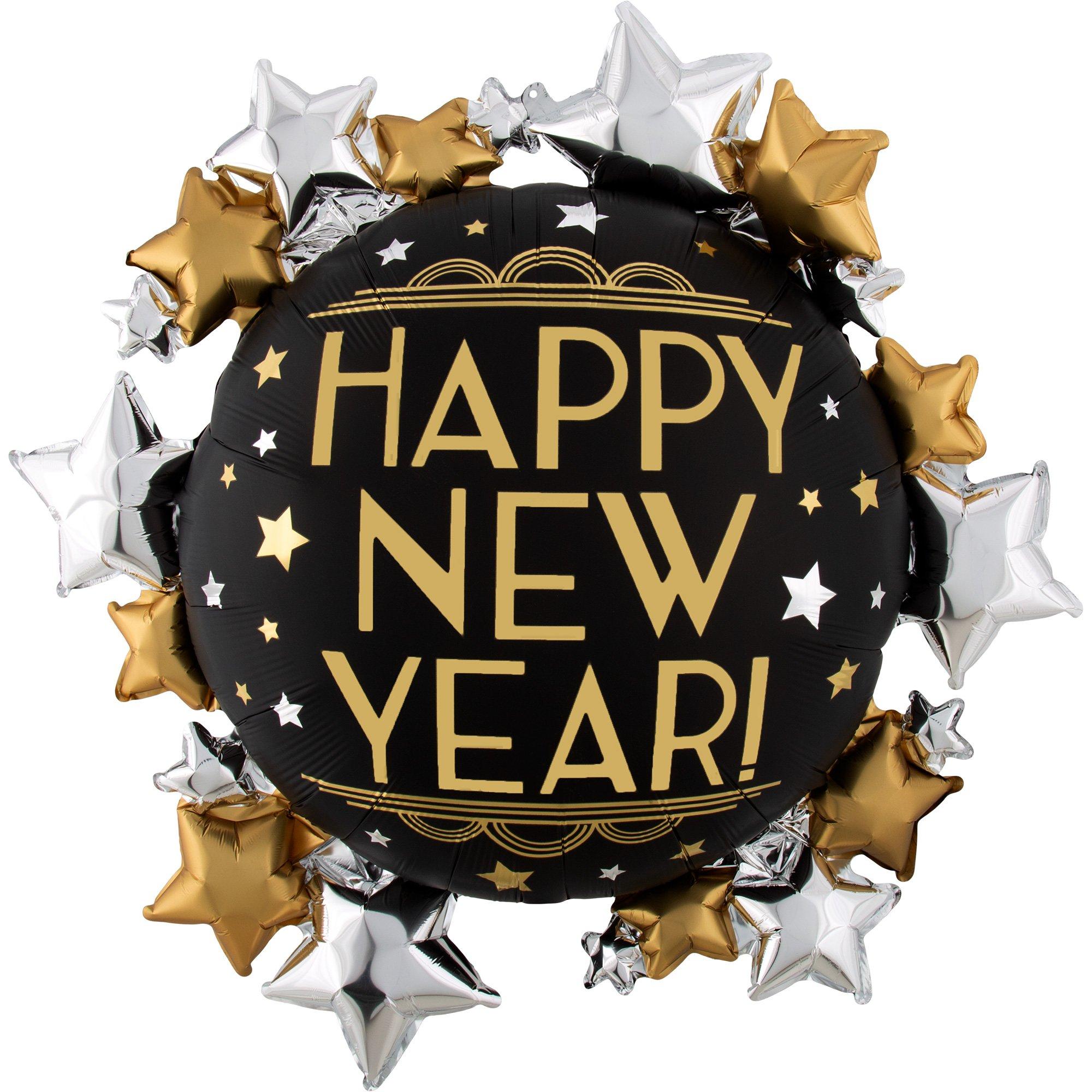 Satin Happy New Year Star Cluster Balloon. 30in - Vintage New Year
