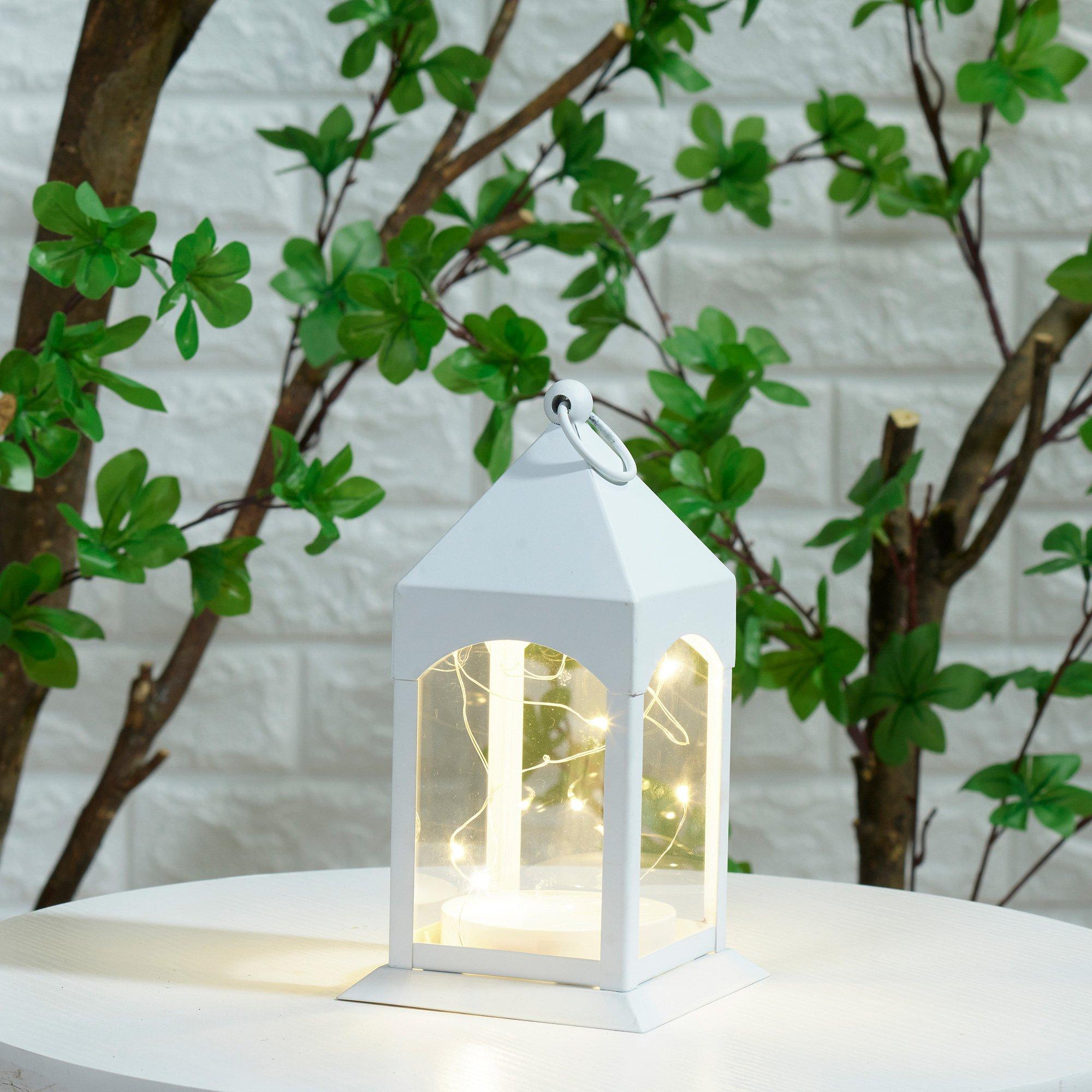 White Metal Lantern with Flickering LED Fairy Lights. 4in x 8in