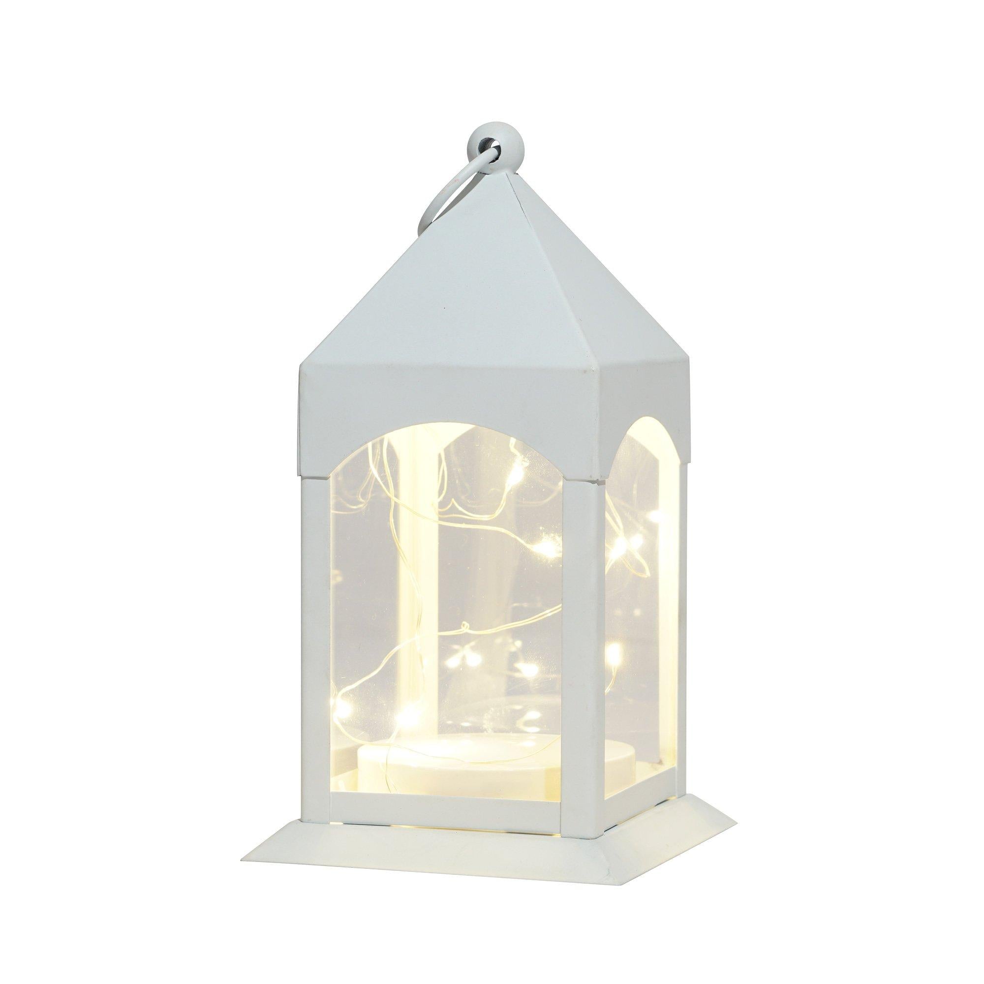 White Metal Lantern with Flickering LED Fairy Lights. 4in x 8in - Image 2