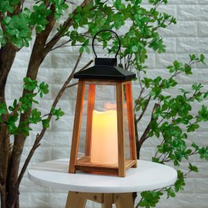 Metal & Wood Lantern with Flickering LED Candle. 6in x 14in