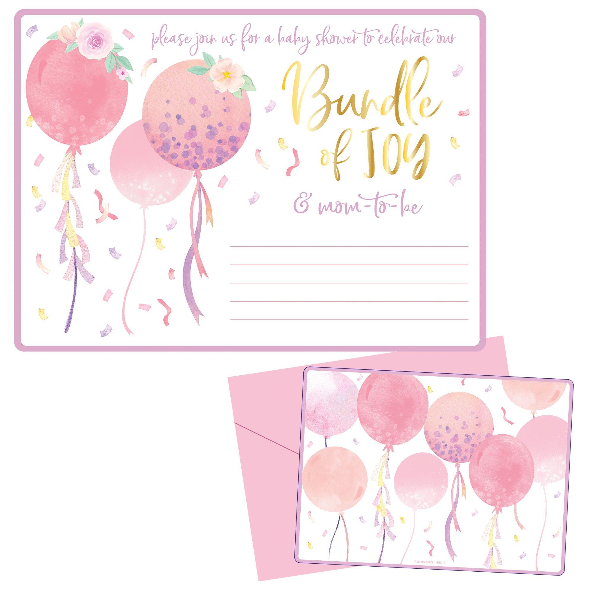 Pink Balloons & Confetti Baby Shower Cardstock Invitations. 8ct - Image 2