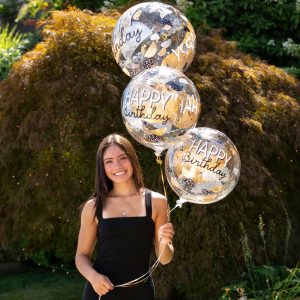 Happy Birthday Black. Silver & Gold Plastic Balloon. 18in - Clearz™