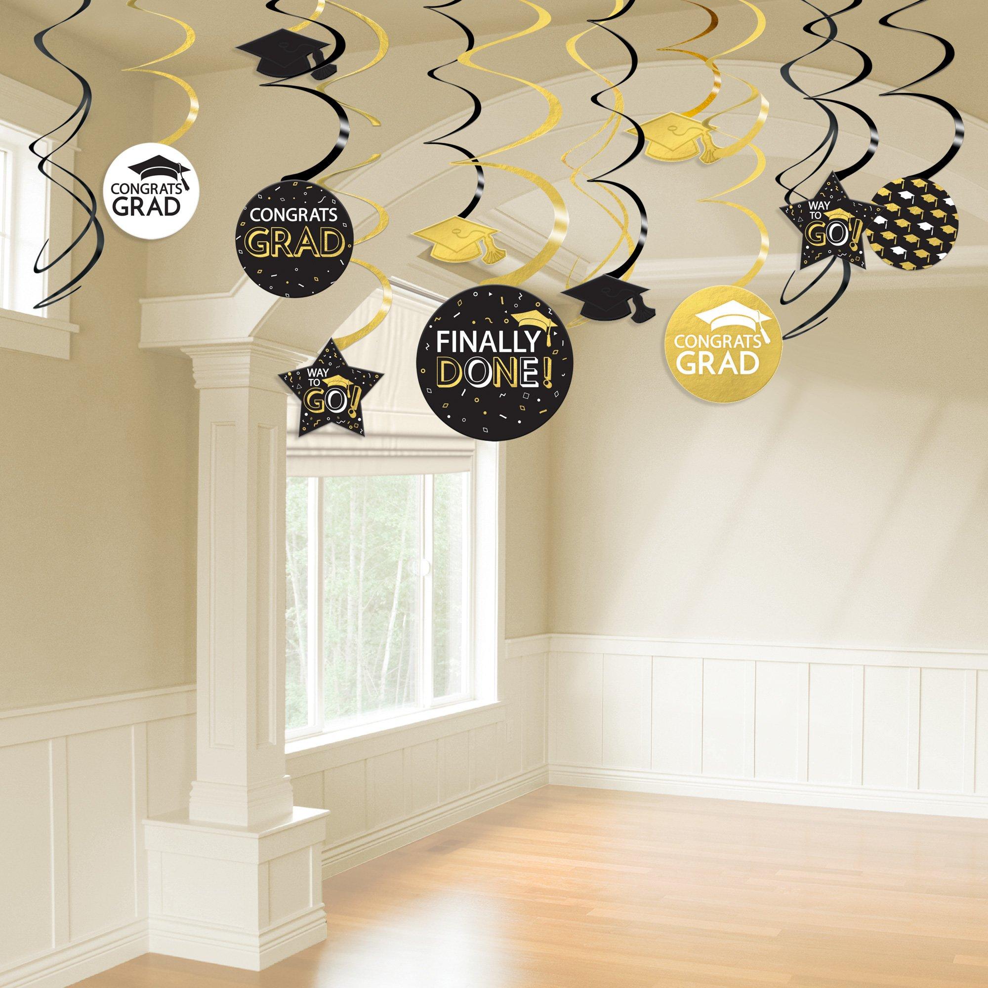 Black. Silver. & Gold Congrats Grad Cardstock Swirl Decorations. 30pc - Image 2