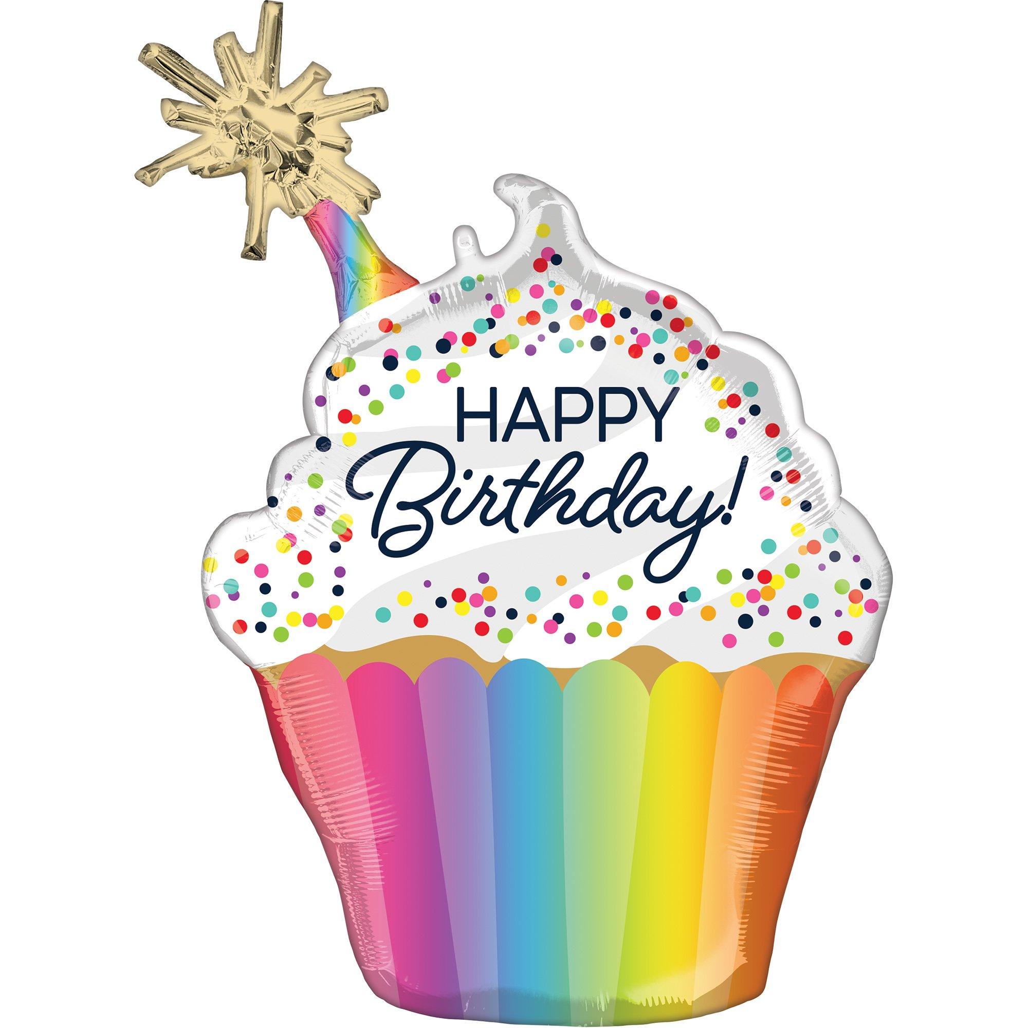 Confetti Sprinkle Happy Birthday Cupcake-Shaped Foil Balloon. 21in x 31in