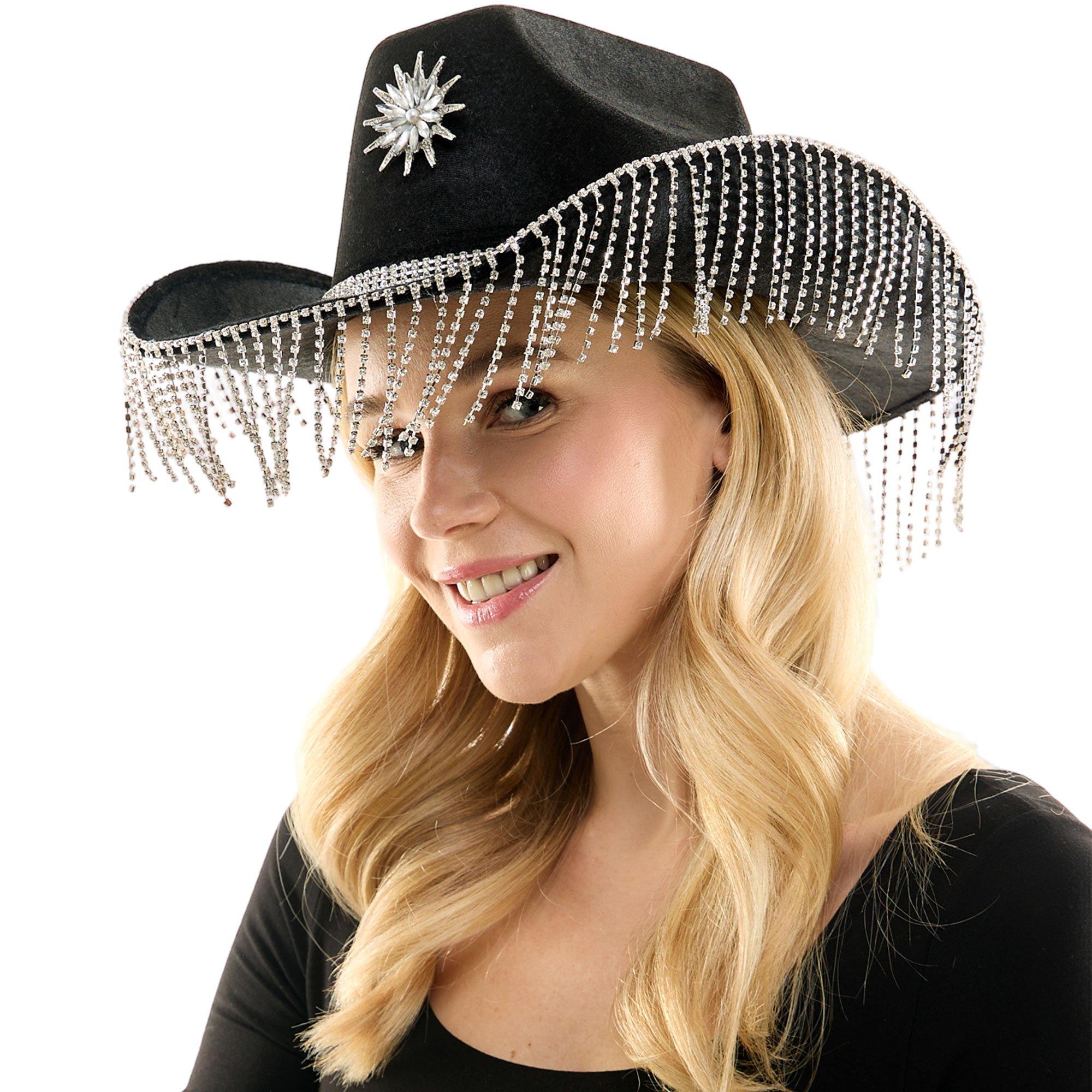 Rhinestone Fringe Black Cowboy Hat - Image 2