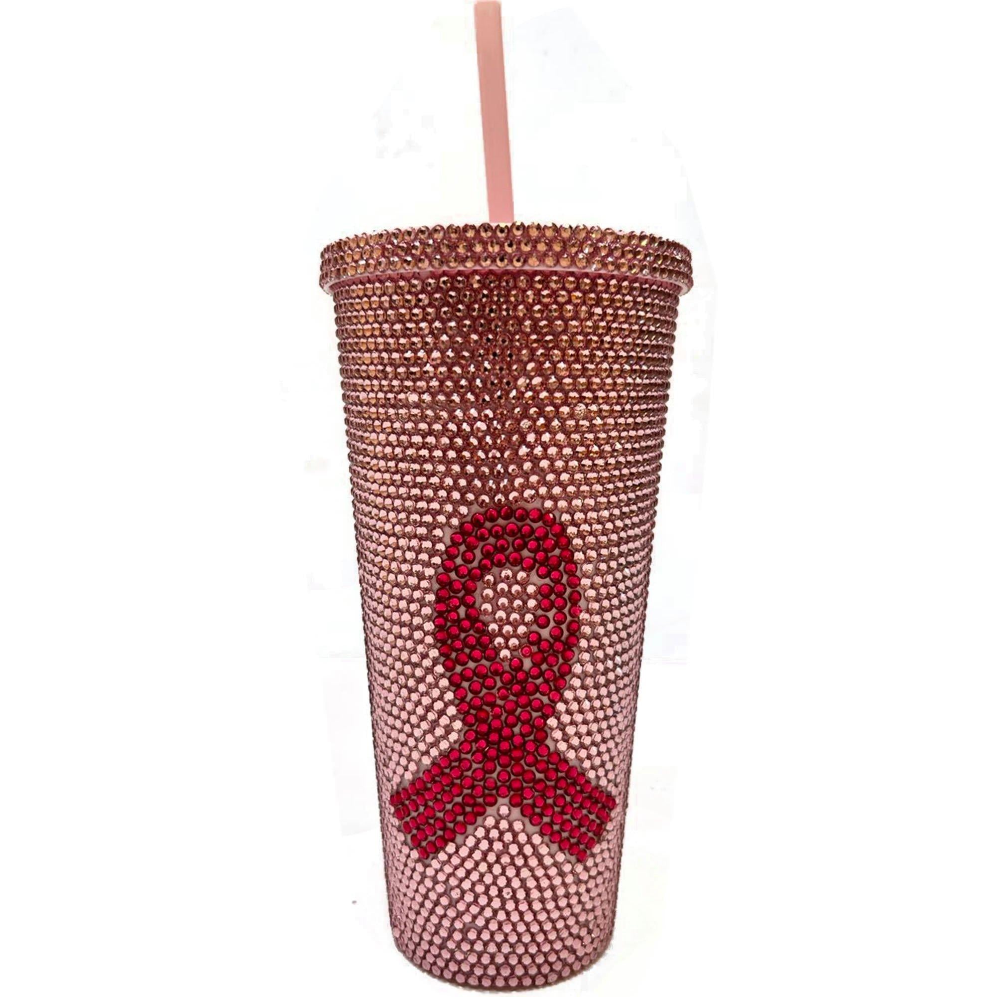 Rhinestone Breast Cancer Awareness Pink Ribbon Plastic Cup with Straw. 24oz