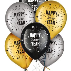 15pc. 11in. Black. Silver & Gold Happy New Year Latex Balloons