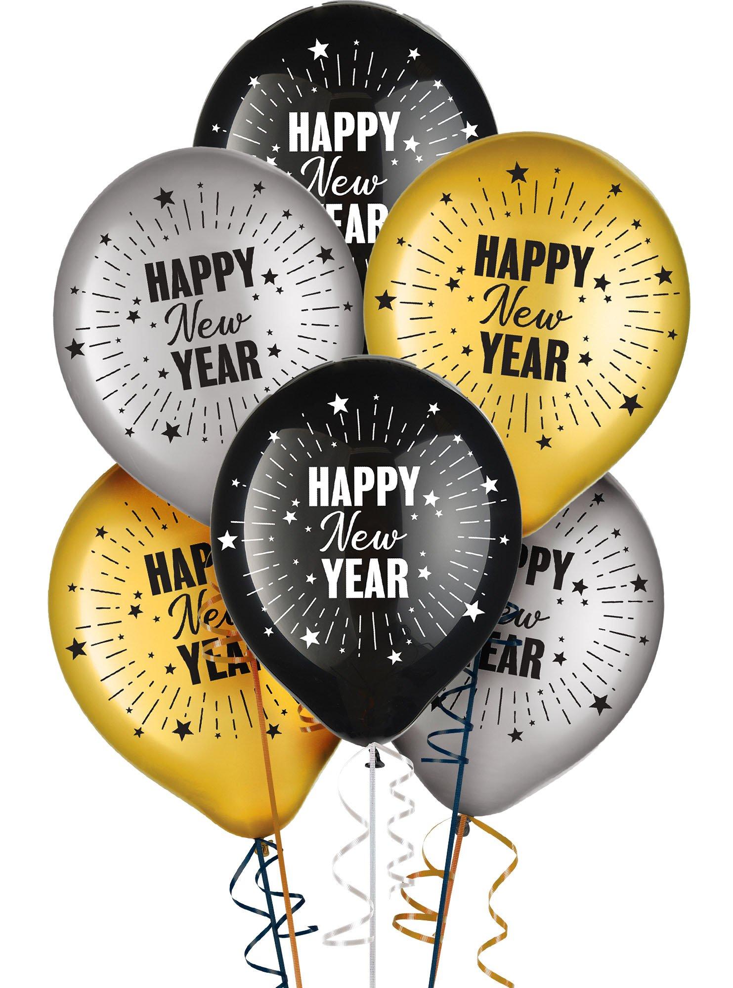 15pc. 11in. Black. Silver & Gold Happy New Year Latex Balloons