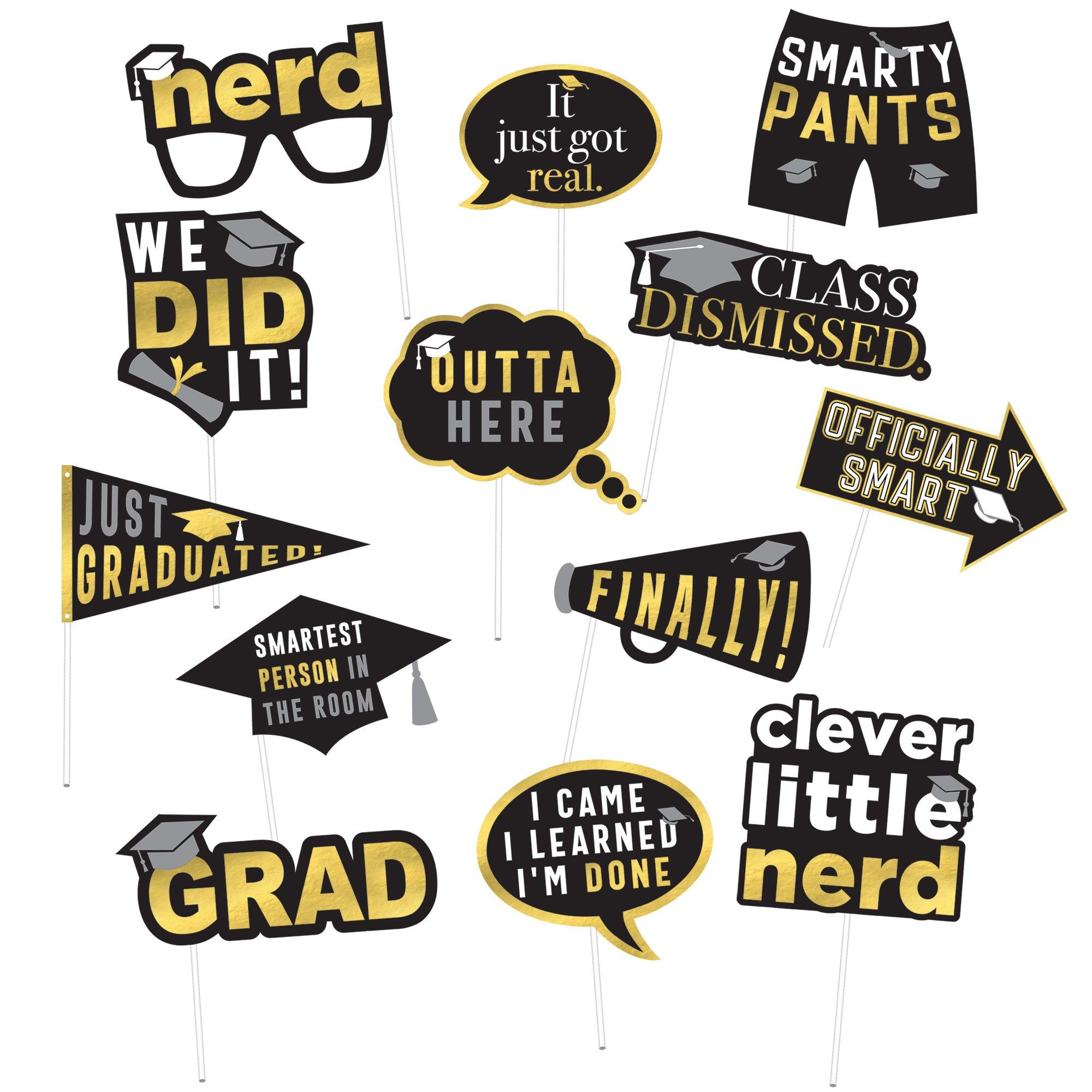 Black. Silver & Gold Graduation Photo Props. 13pc