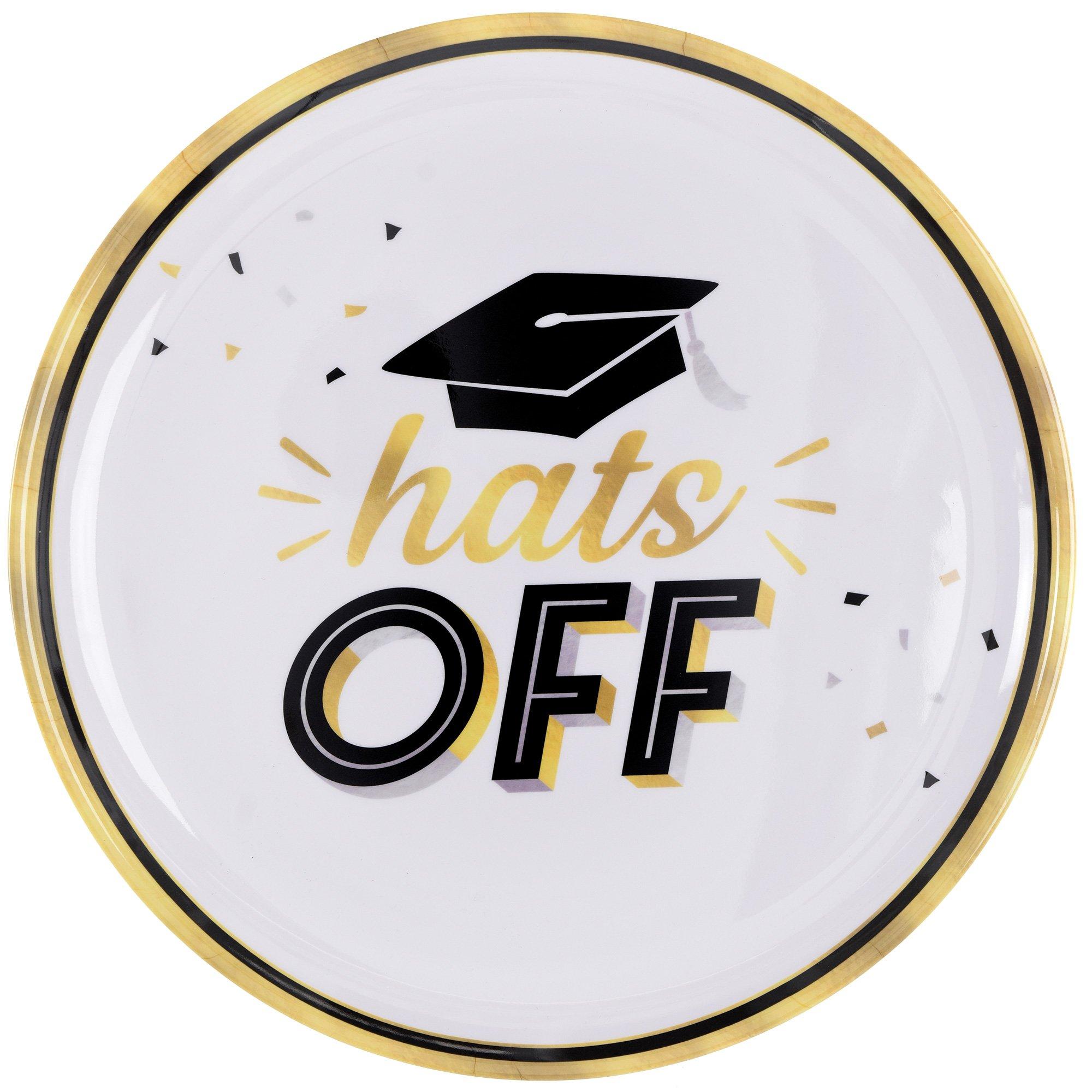 Black & Gold Hats Off Graduation Melamine Round Platter. 13.5in