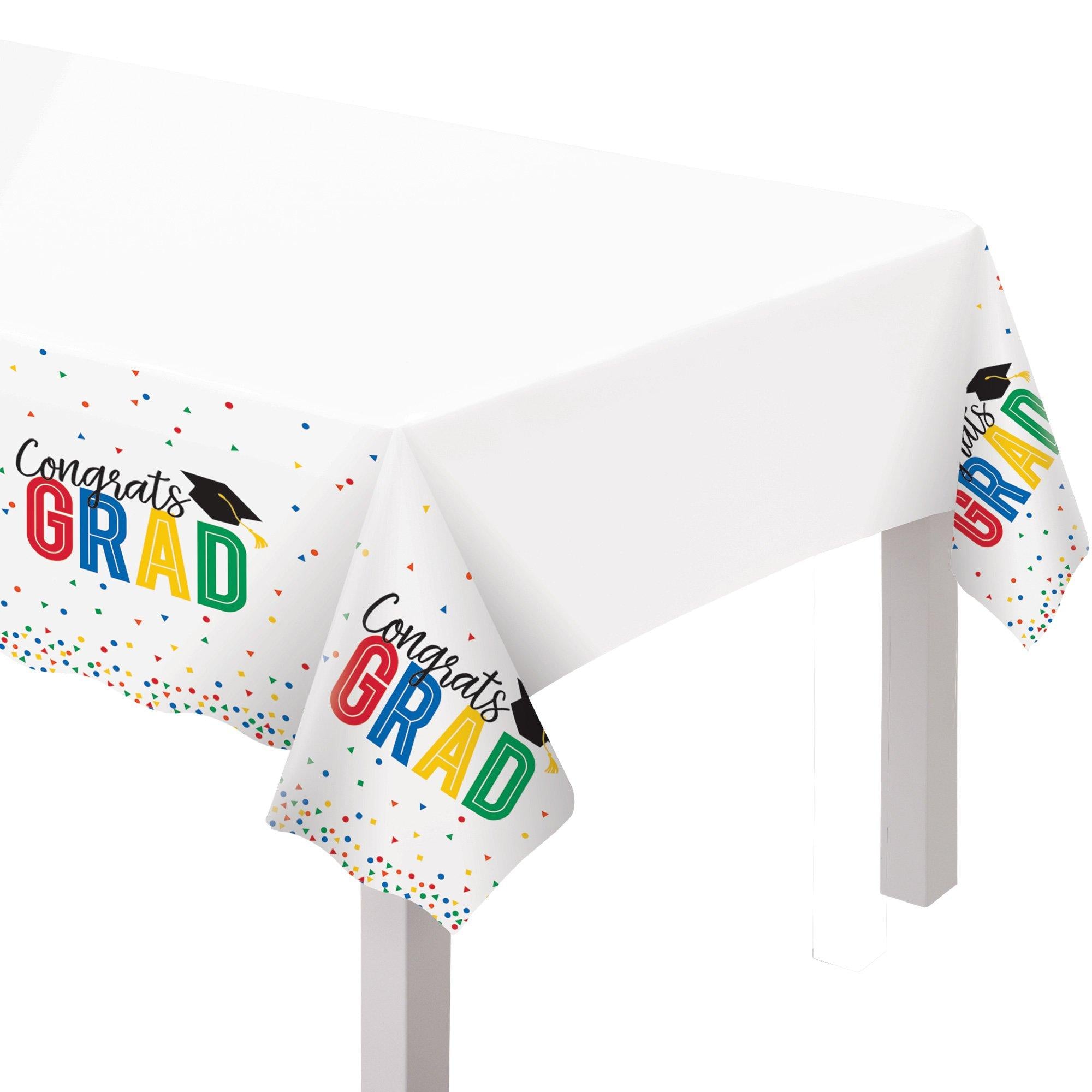Multicolor Congrats Grad Plastic Table Cover. 54in x 102in - Colorful Future