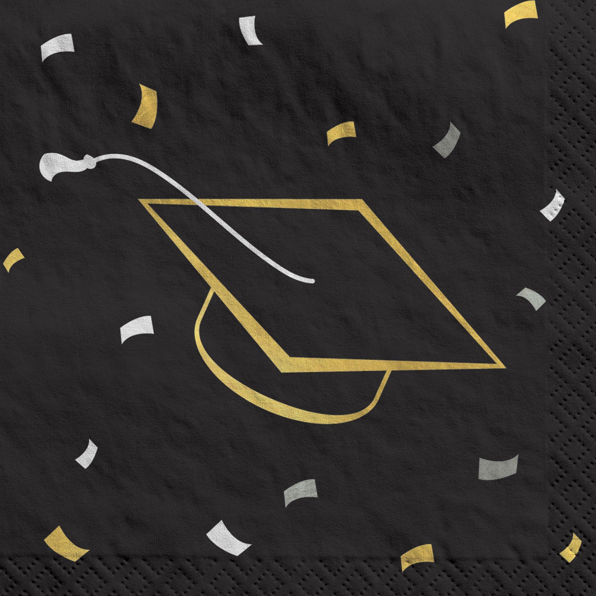 Black. Silver & Gold Grad Cap & Confetti Paper Beverage Napkins. 5in. 40ct - Class Dismissed - Image 3