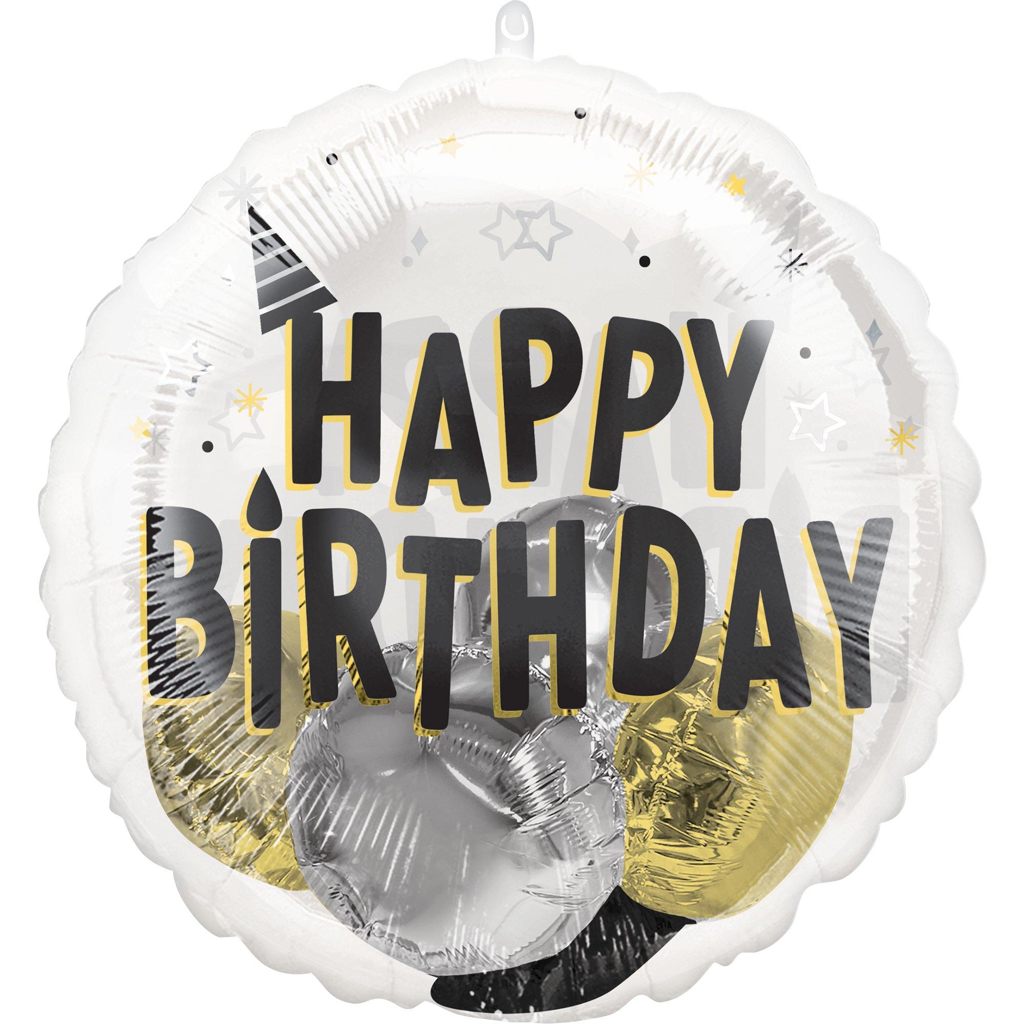 Black. Silver & Gold Happy Birthday Stuffed Plastic Balloon. 20in