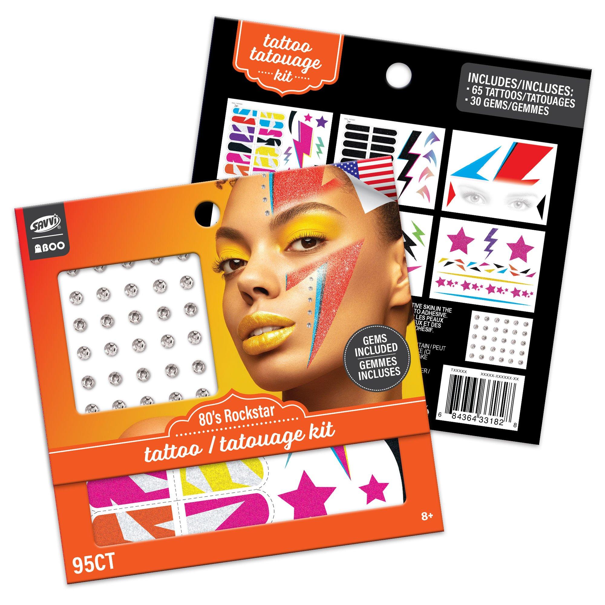 80s Glam Rock Star Temporary Face Tattoo Kit. 95pc