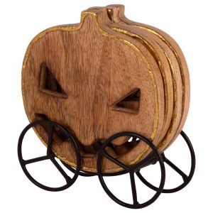 Pumpkin Mangowood Coaster Set with Iron Rack. 5pc