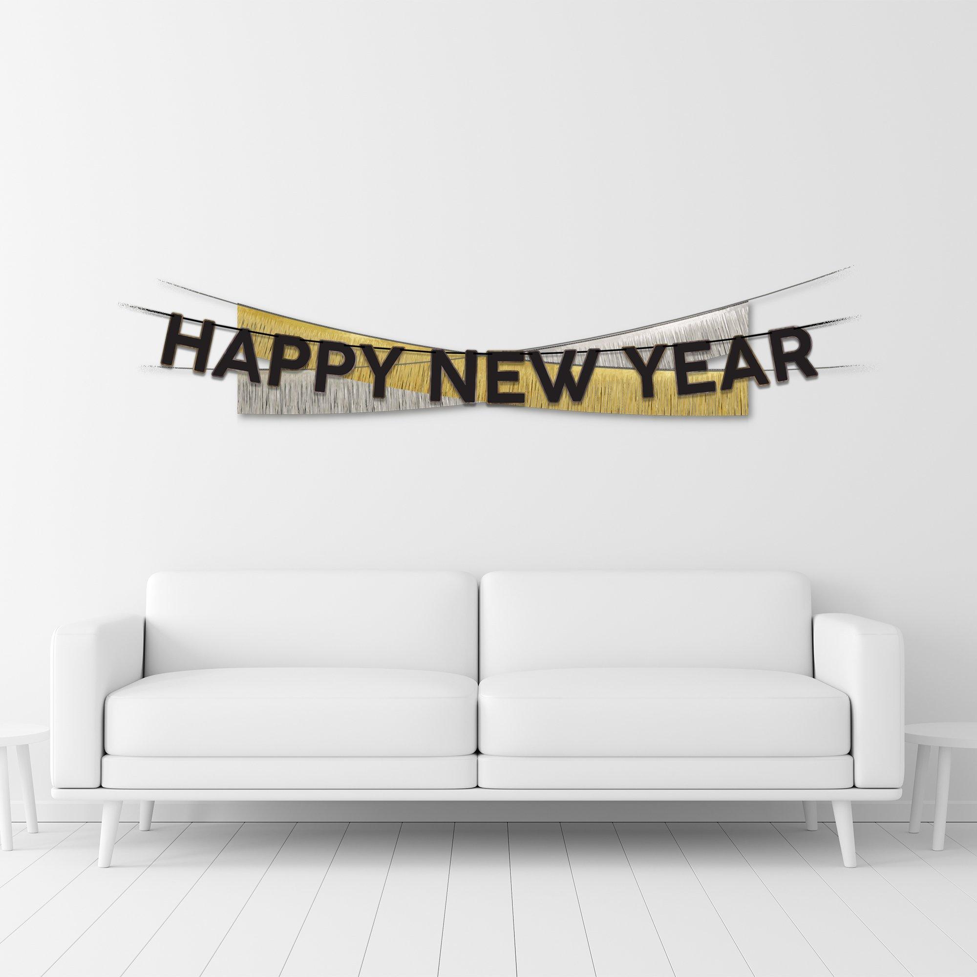 Black. Silver & Gold Happy New Year Cardstock & Tinsel Banner Set. 3pc - Image 3