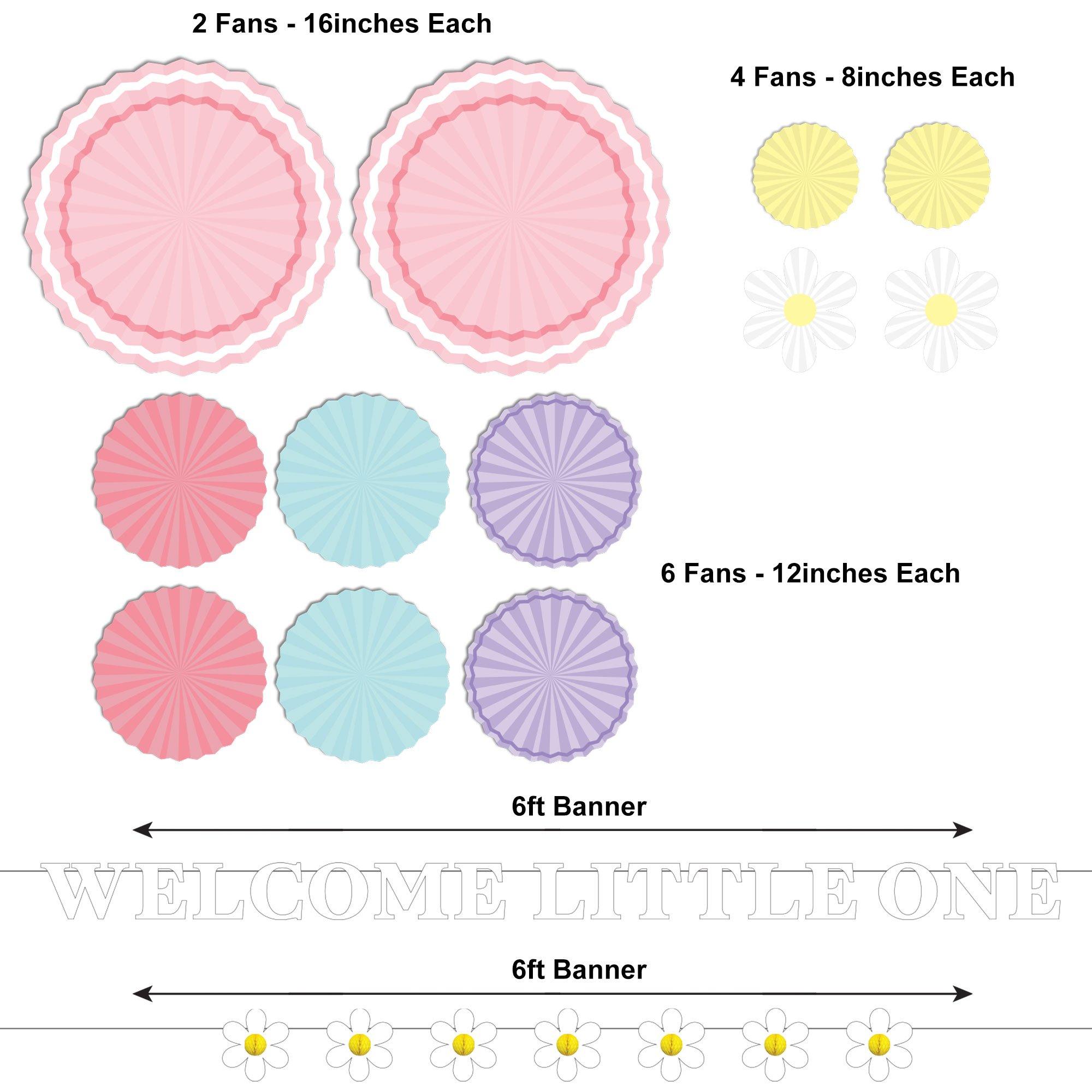 Little Daisy Welcome Little One Baby Shower Paper Fan Room Decorating Kit. 14pc - Image 3