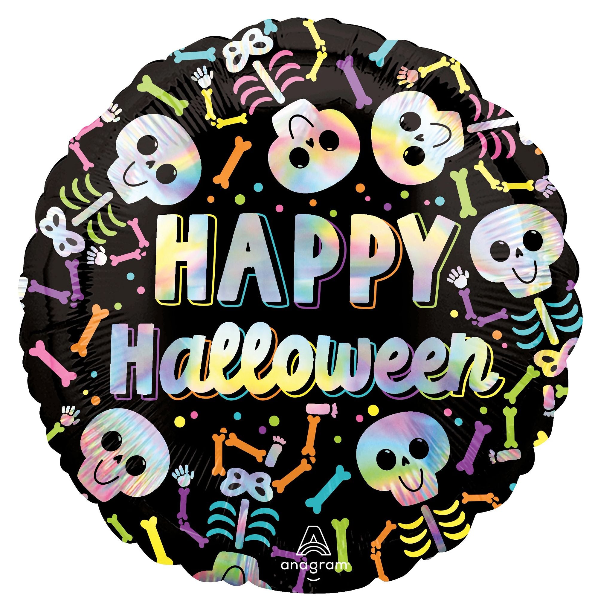 Happy Halloween Holographic Skulls & Bones Foil Balloon. 18in